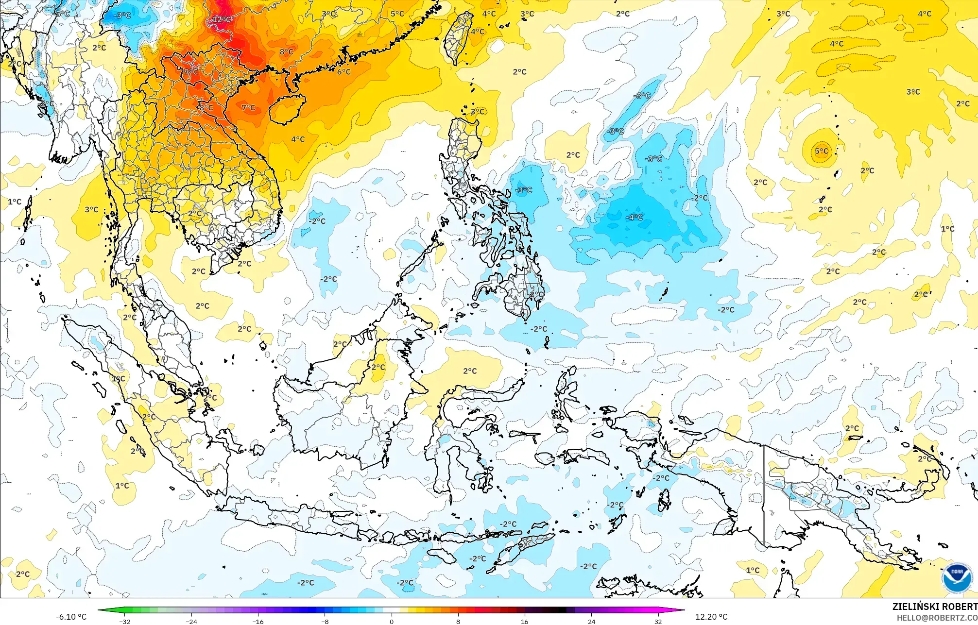 GFS نموذج - جنوب شرق آسيا, انحراف درجة الحرارة 850 hPa