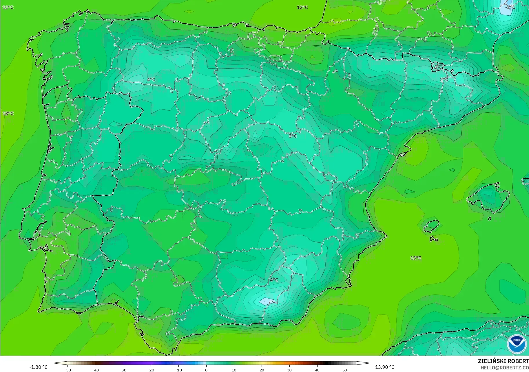 GFS نموذج - إسبانيا, نقطة الندى 2 م