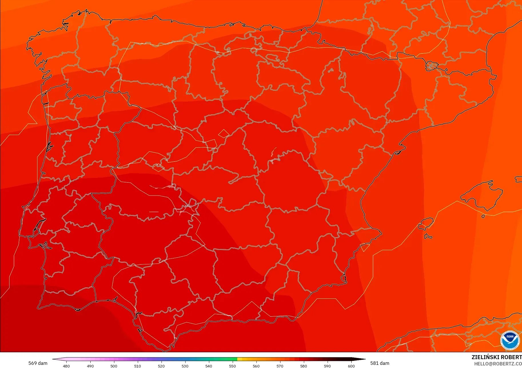GFS model - Spain, Geopotential height at 500hPa