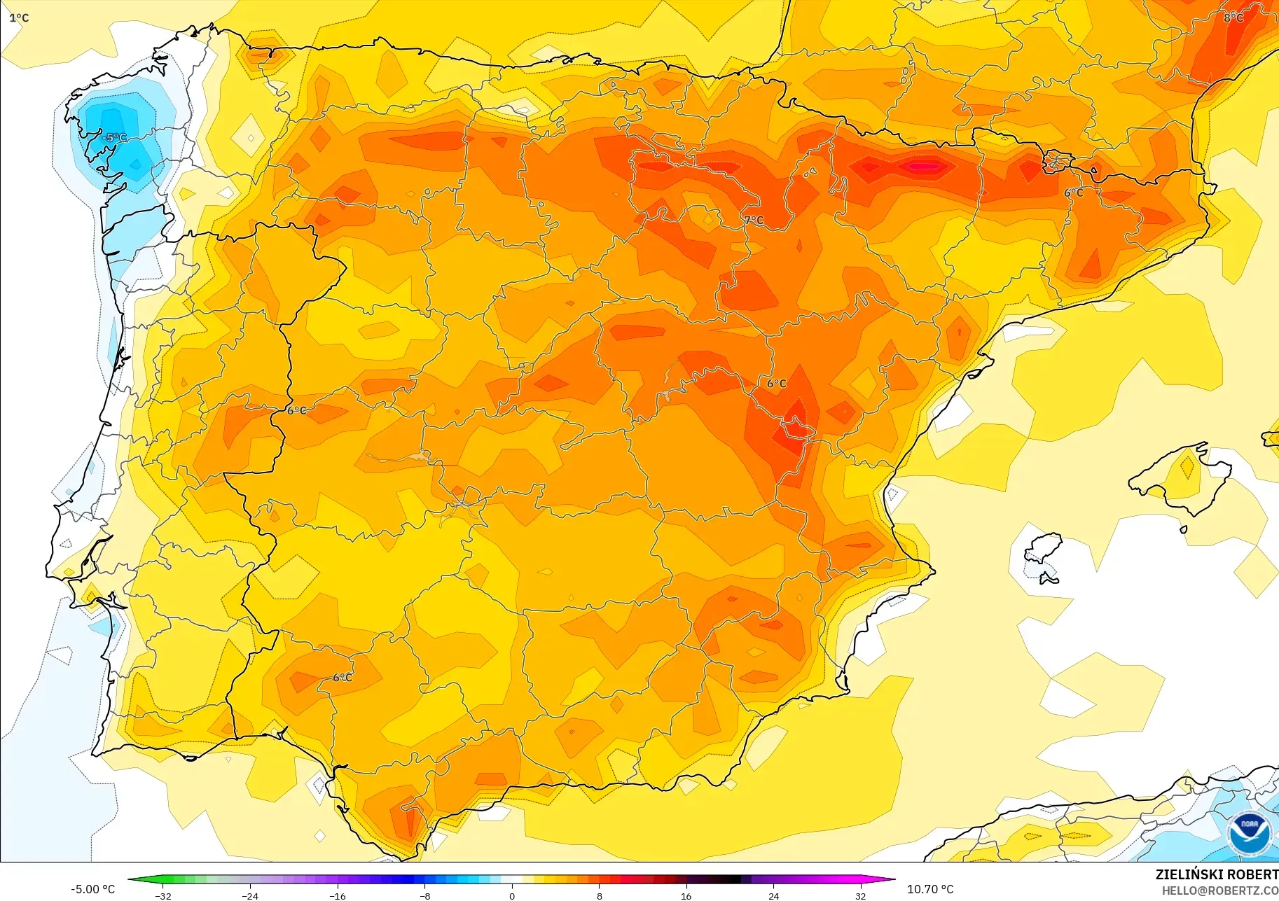 GFS نموذج - إسبانيا, انحراف درجة الحرارة 2 م