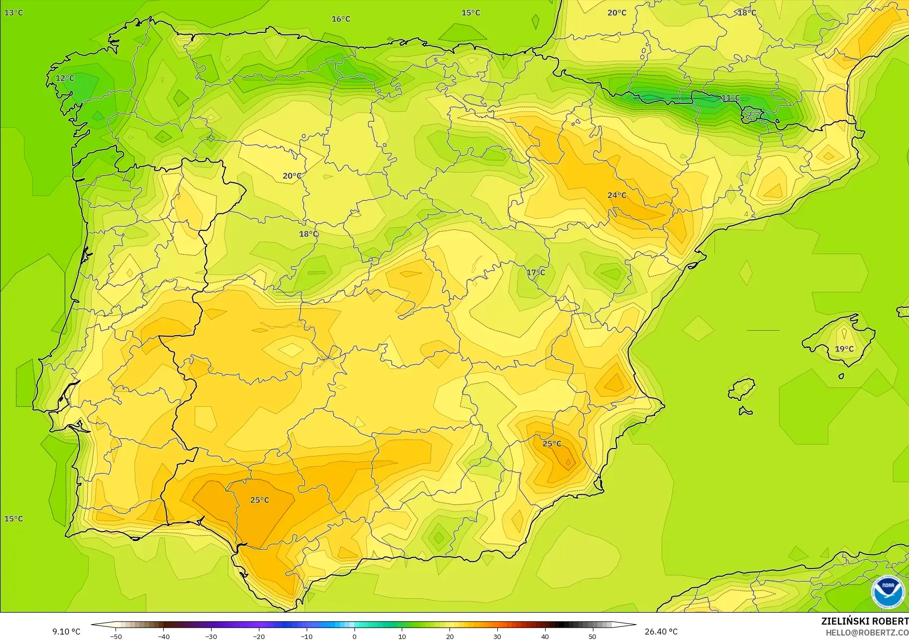 GFS نموذج - إسبانيا, درجة الحرارة على ارتفاع 2 م
