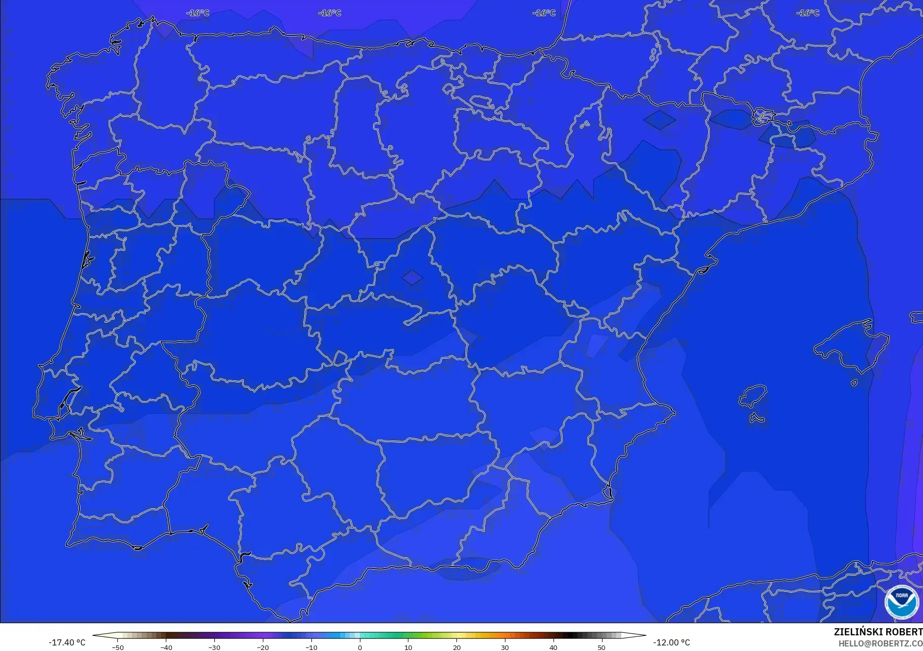 GFS نموذج - إسبانيا, درجة الحرارة 500 hPa