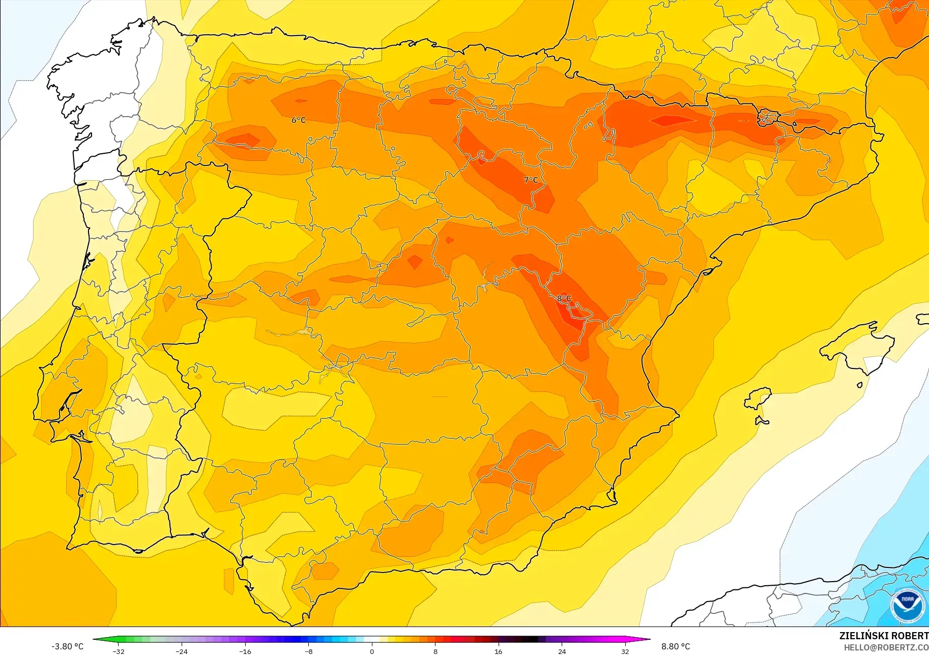 GFS نموذج - إسبانيا, انحراف درجة الحرارة 850 hPa