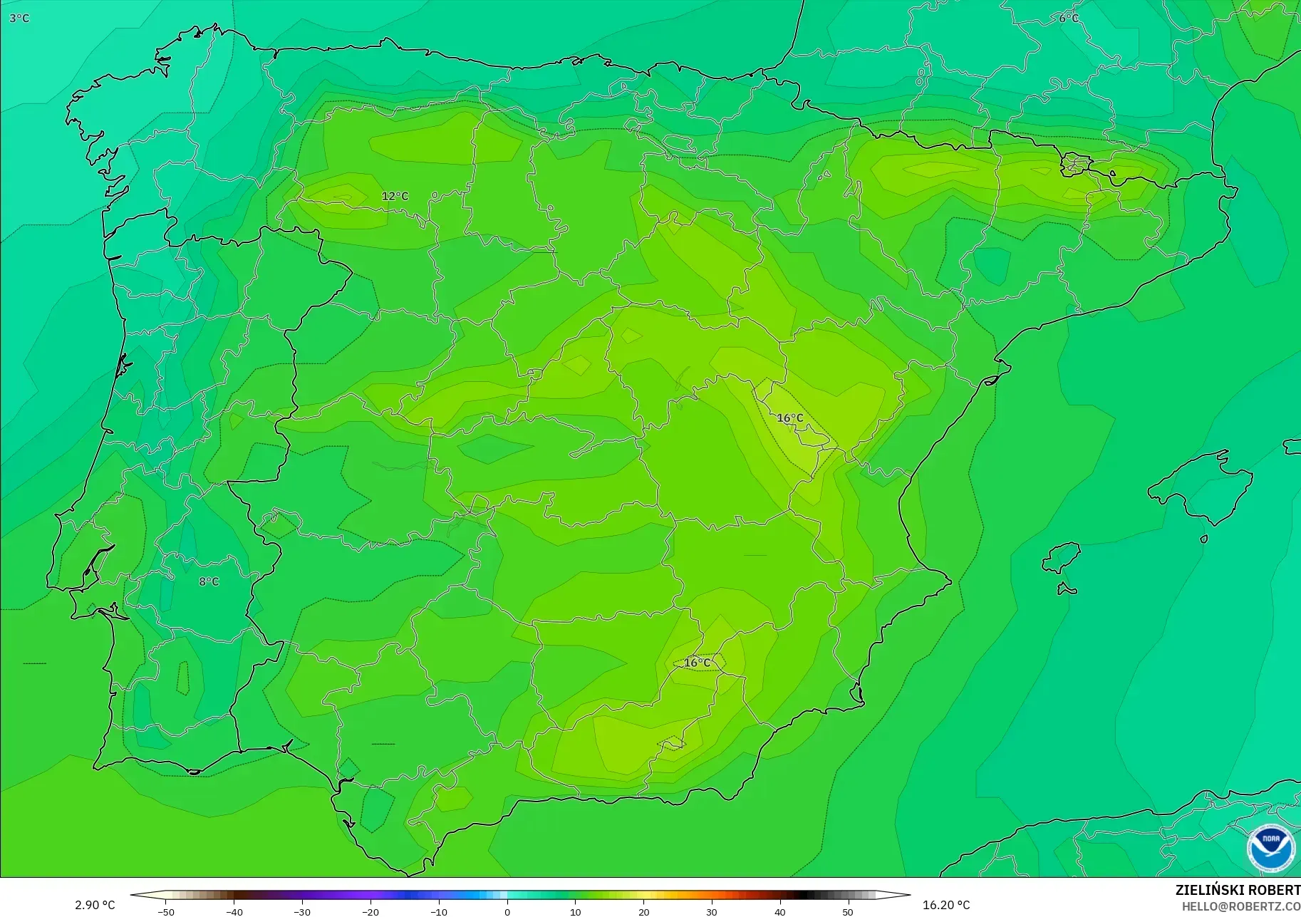 GFS نموذج - إسبانيا, درجة الحرارة 850 hPa