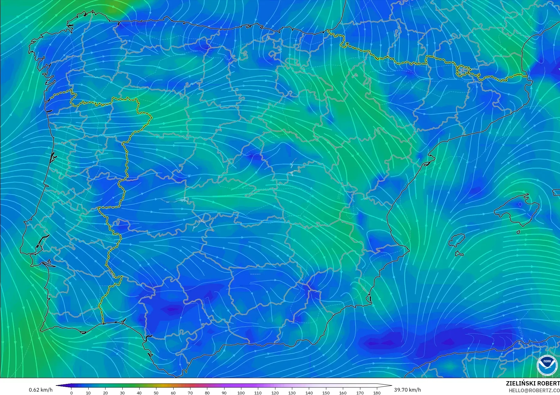 GFS نموذج - إسبانيا, رياح 10 م