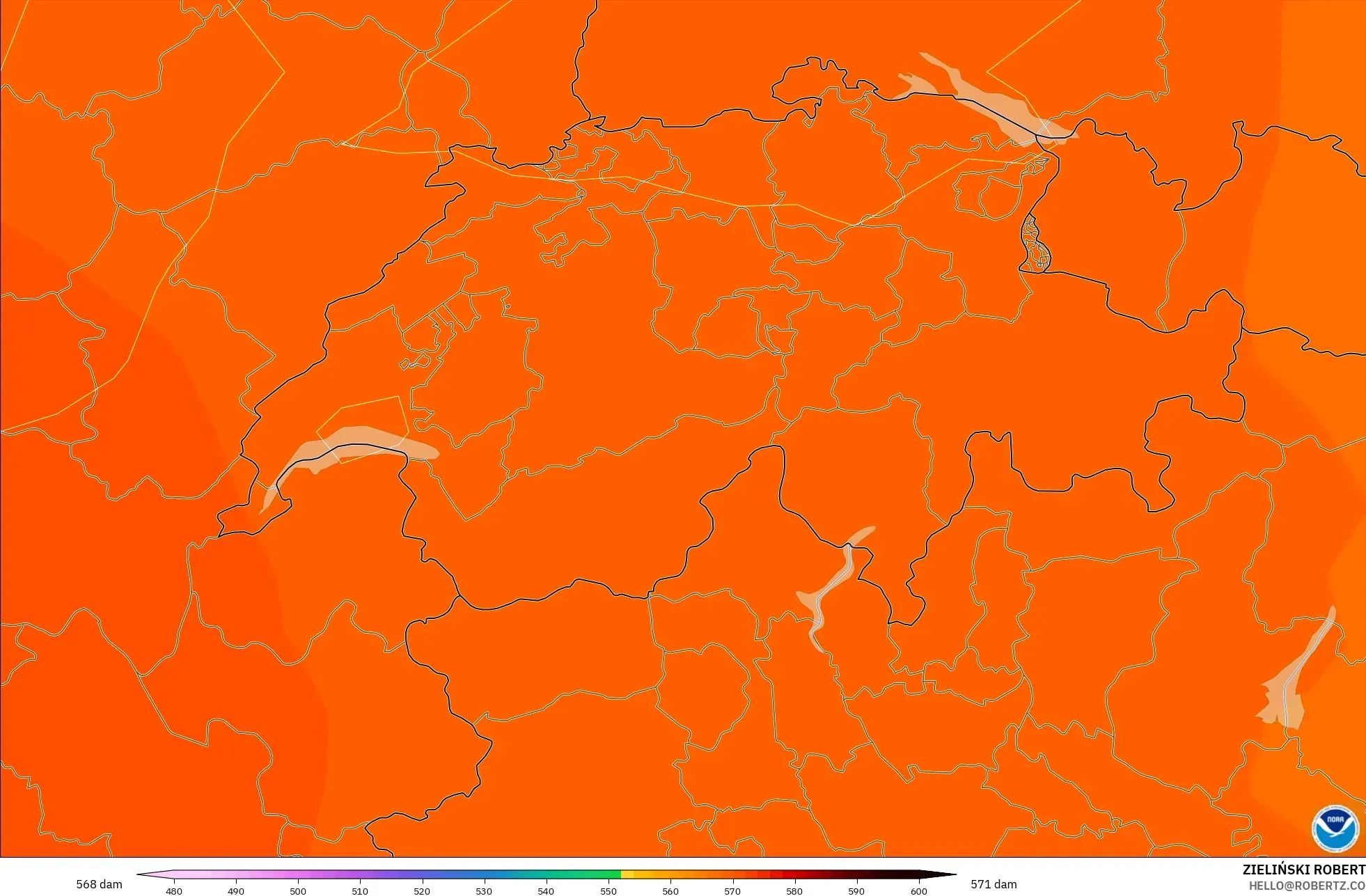 GFS نموذج - سويسرا, الارتفاع الجهدي عند 500 هكتوباسكال