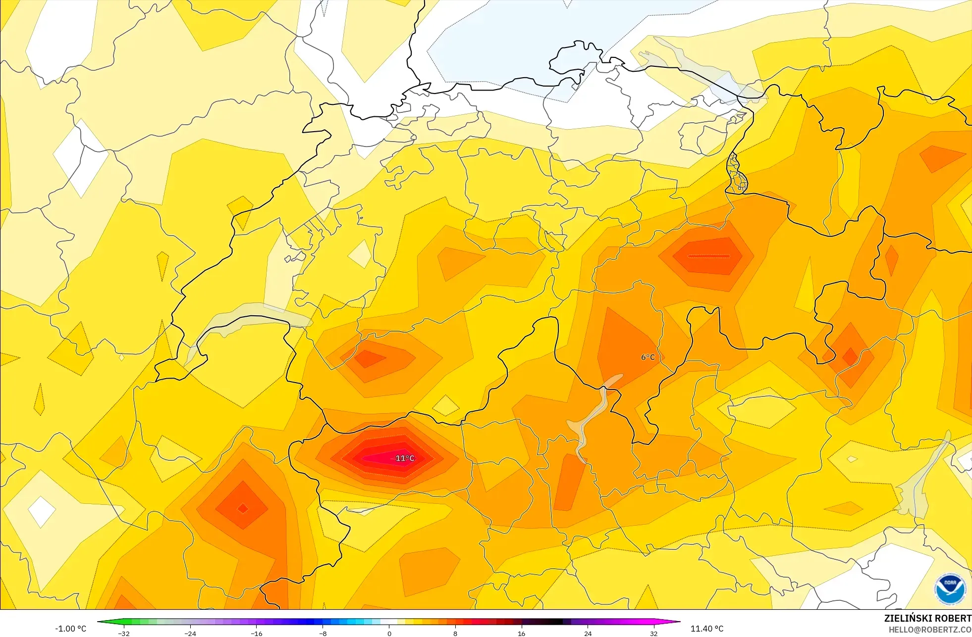 GFS نموذج - سويسرا, انحراف درجة الحرارة 2 م