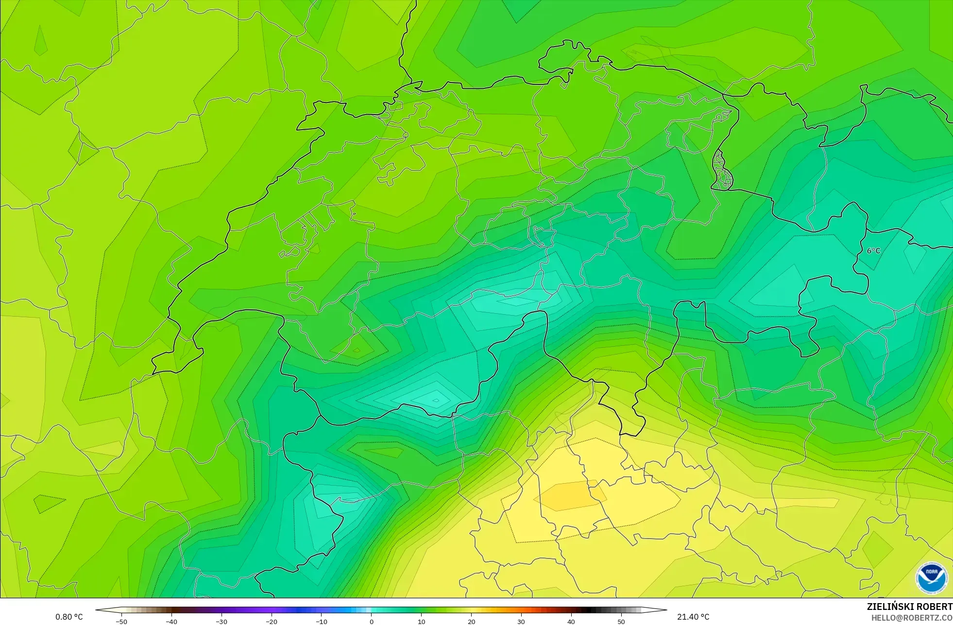 GFS نموذج - سويسرا, درجة الحرارة على ارتفاع 2 م
