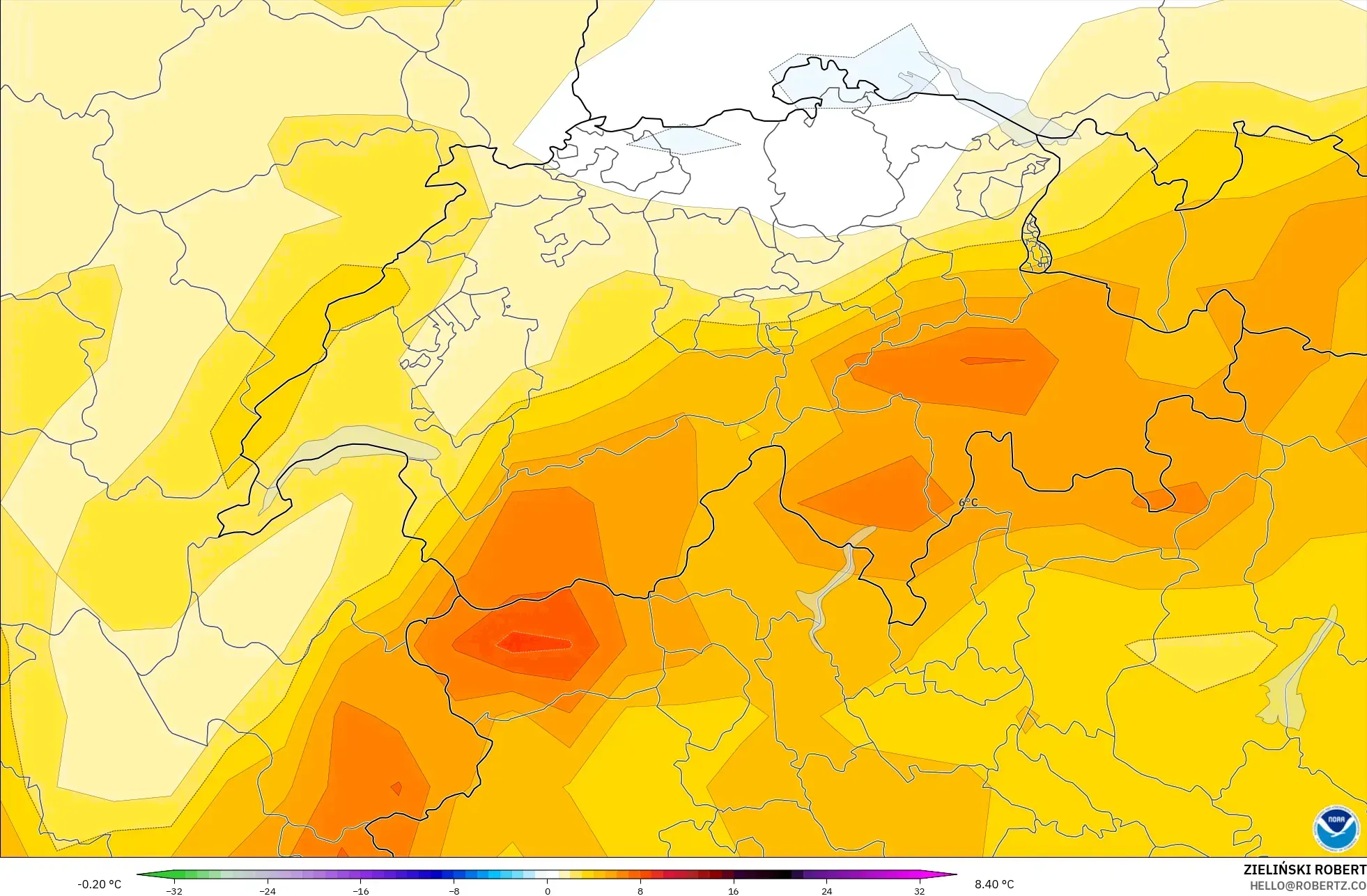 GFS نموذج - سويسرا, انحراف درجة الحرارة 850 hPa