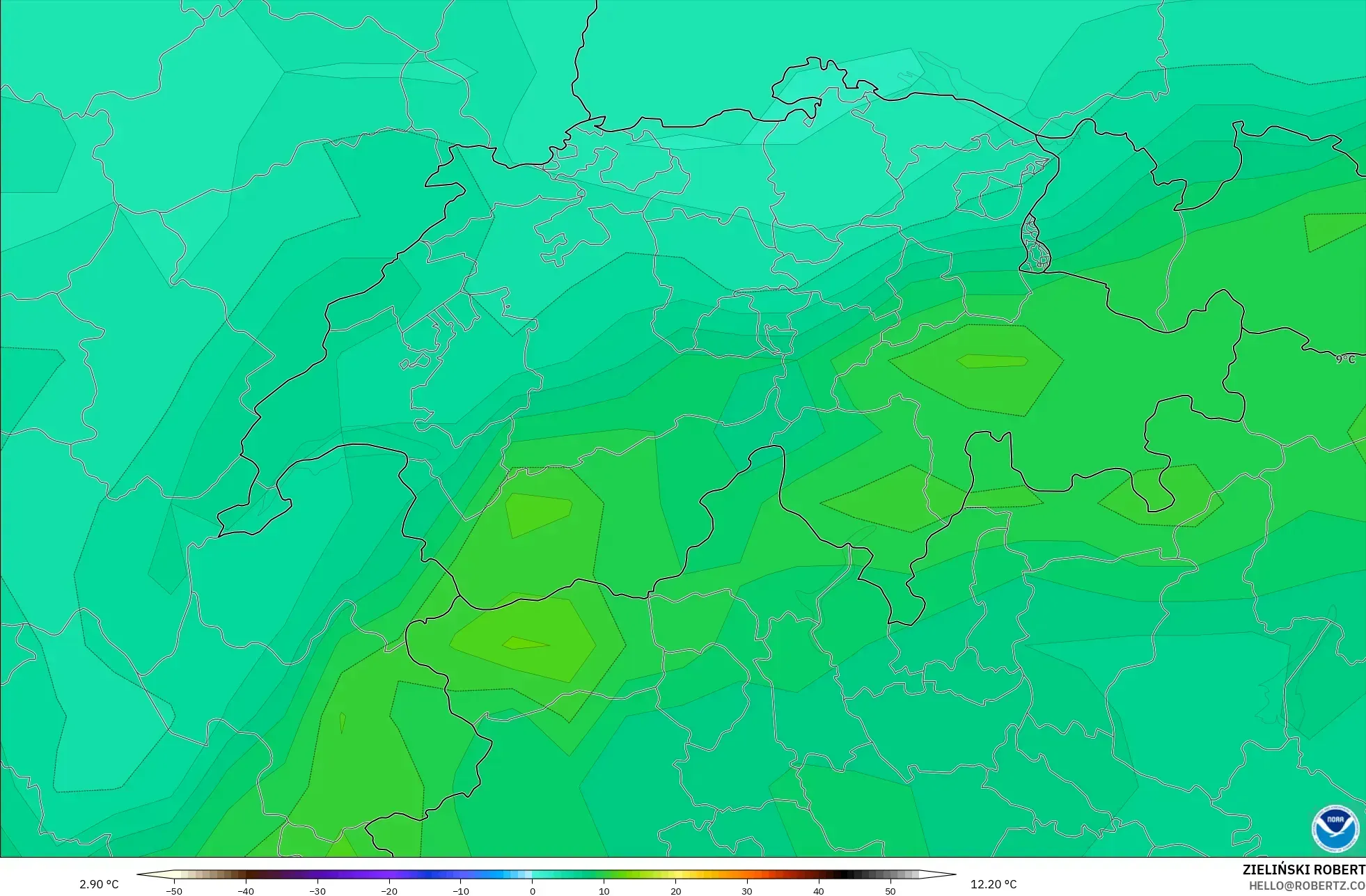 GFS نموذج - سويسرا, درجة الحرارة 850 hPa