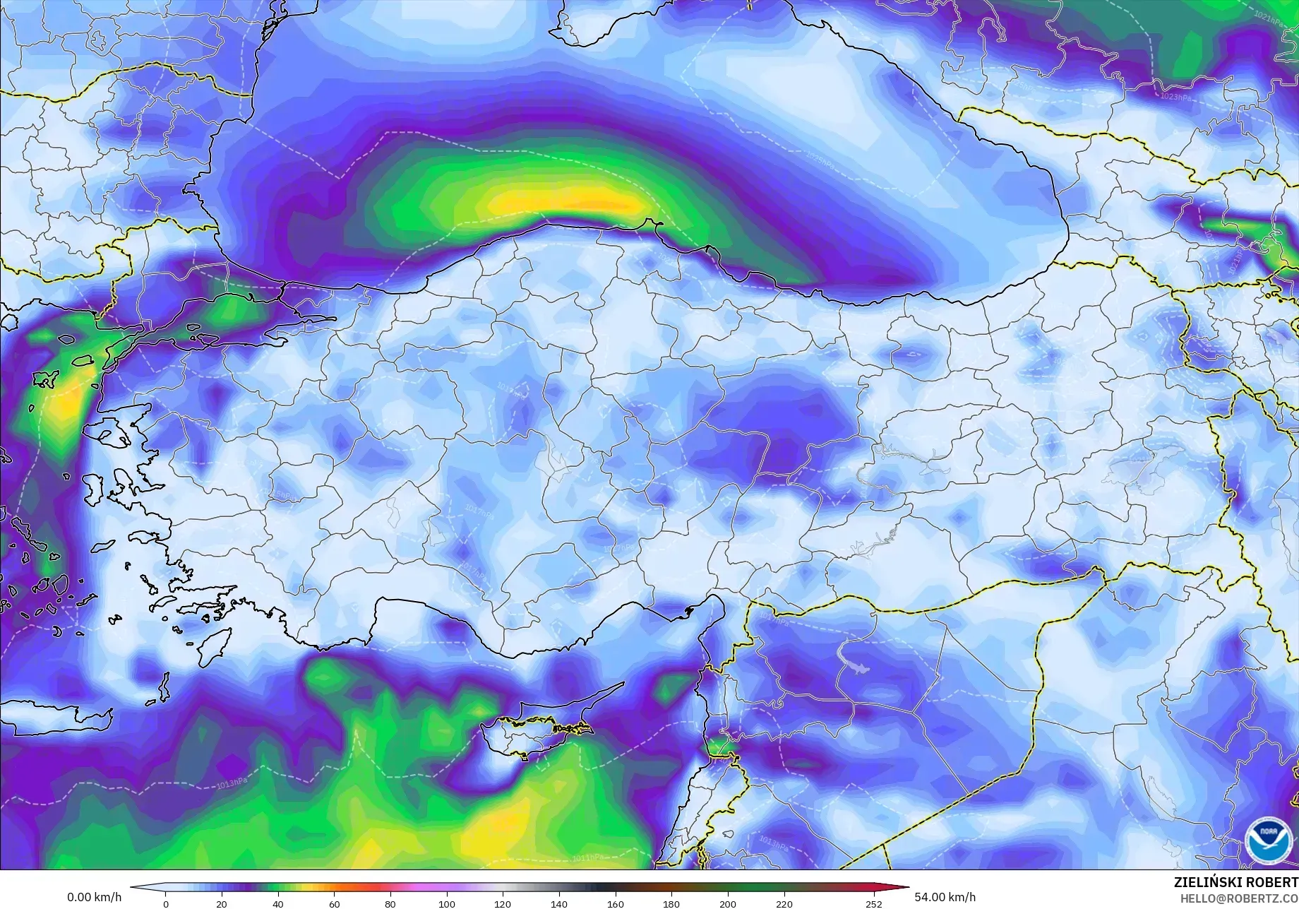 GFS نموذج - تركيا, هبات الرياح