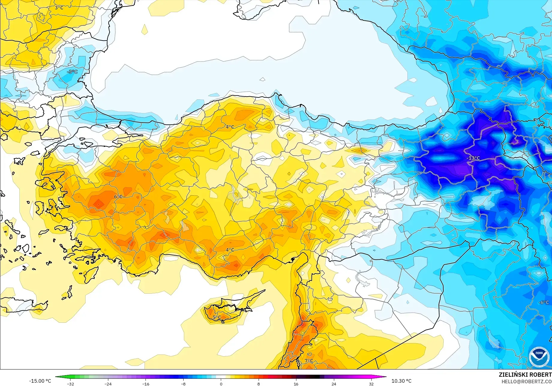 GFS نموذج - تركيا, انحراف درجة الحرارة 2 م