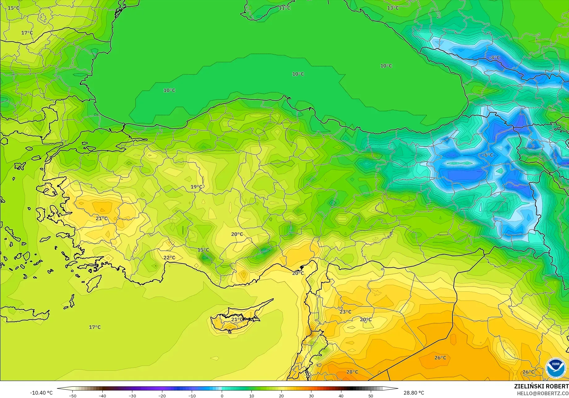 GFS نموذج - تركيا, درجة الحرارة على ارتفاع 2 م