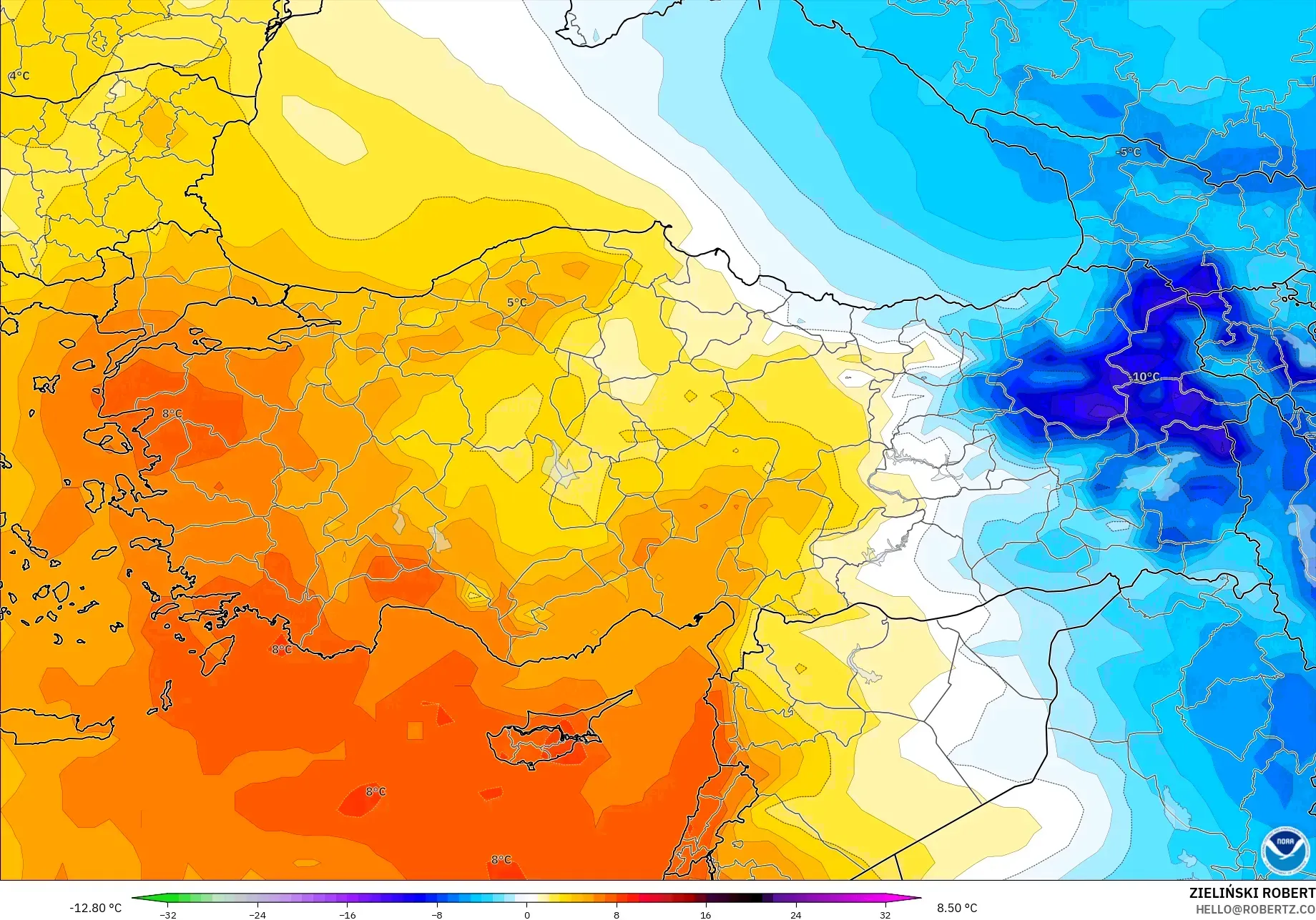 GFS نموذج - تركيا, انحراف درجة الحرارة 850 hPa