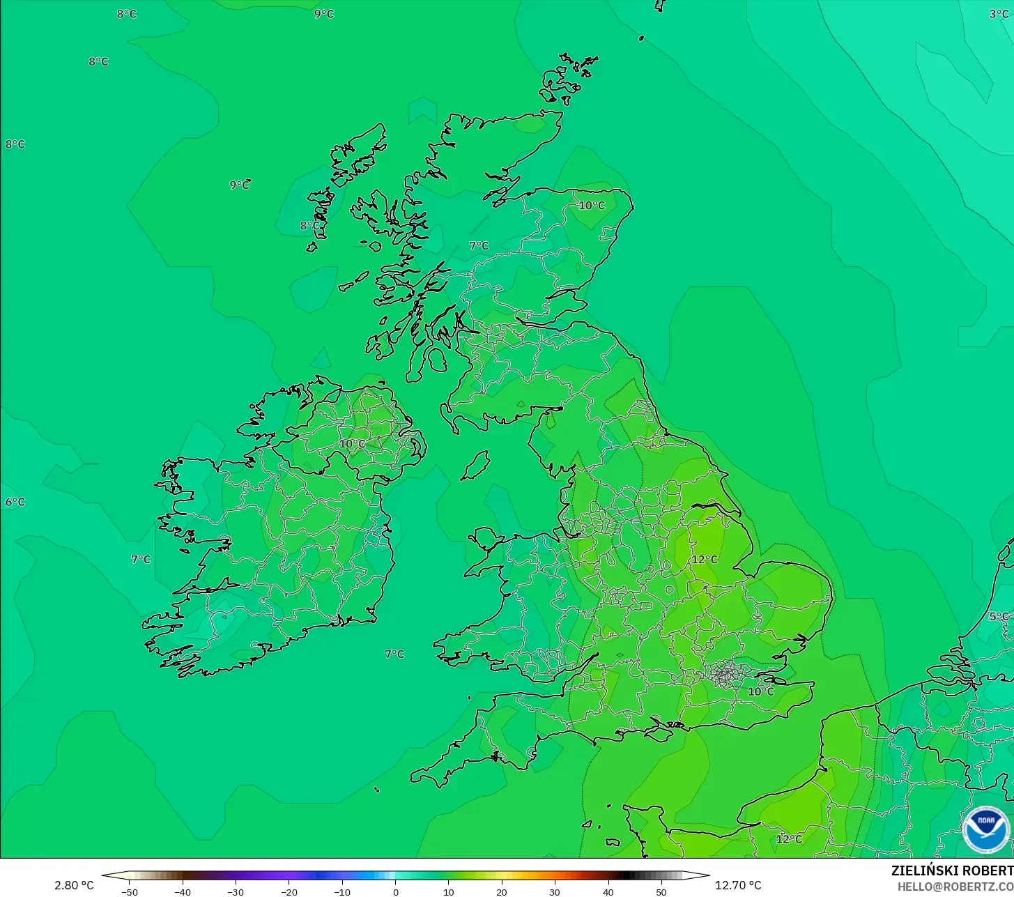 GFS نموذج - المملكة المتحدة, نقطة الندى 2 م