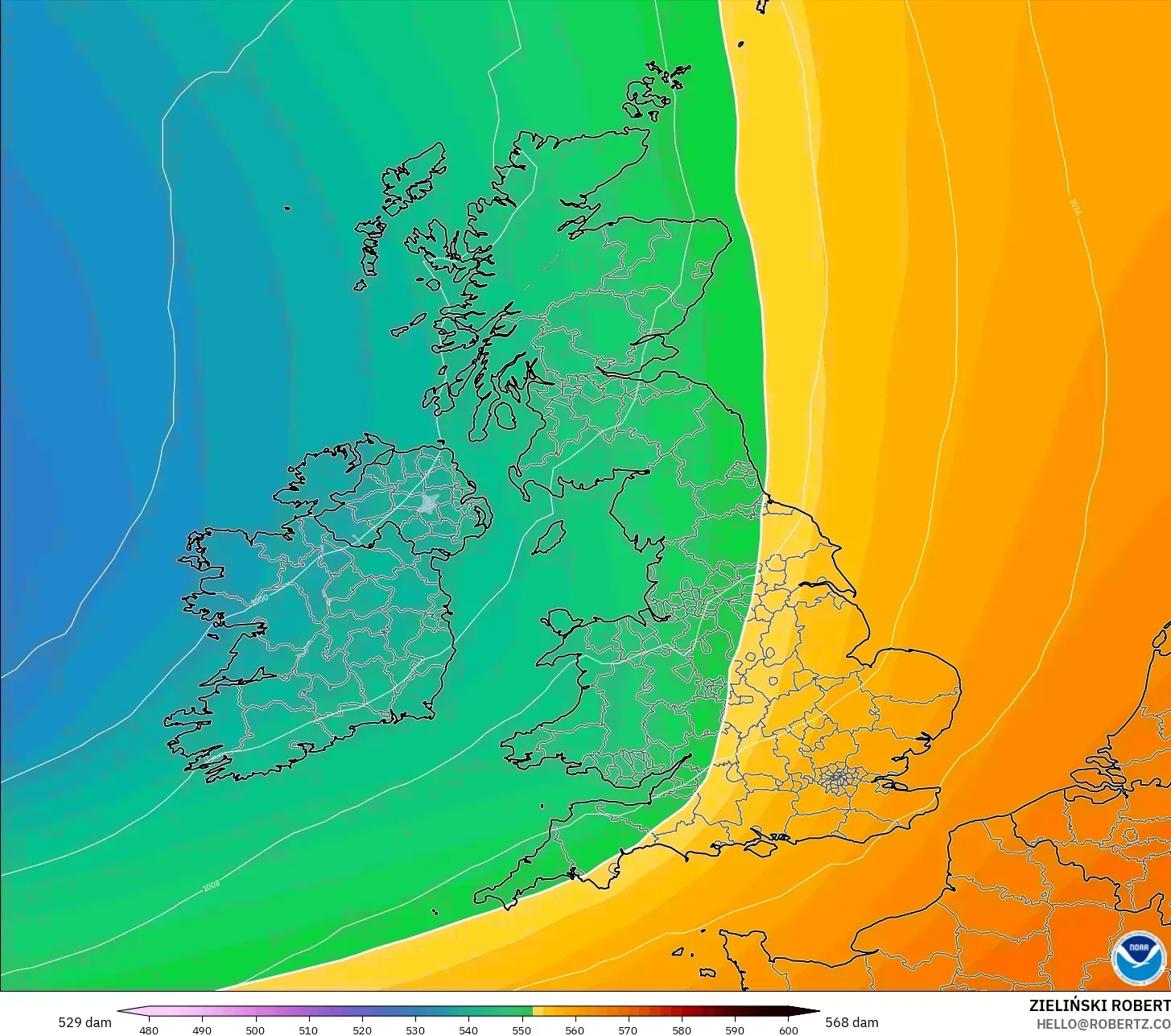 GFS model - United Kingdom, Geopotential height at 500hPa