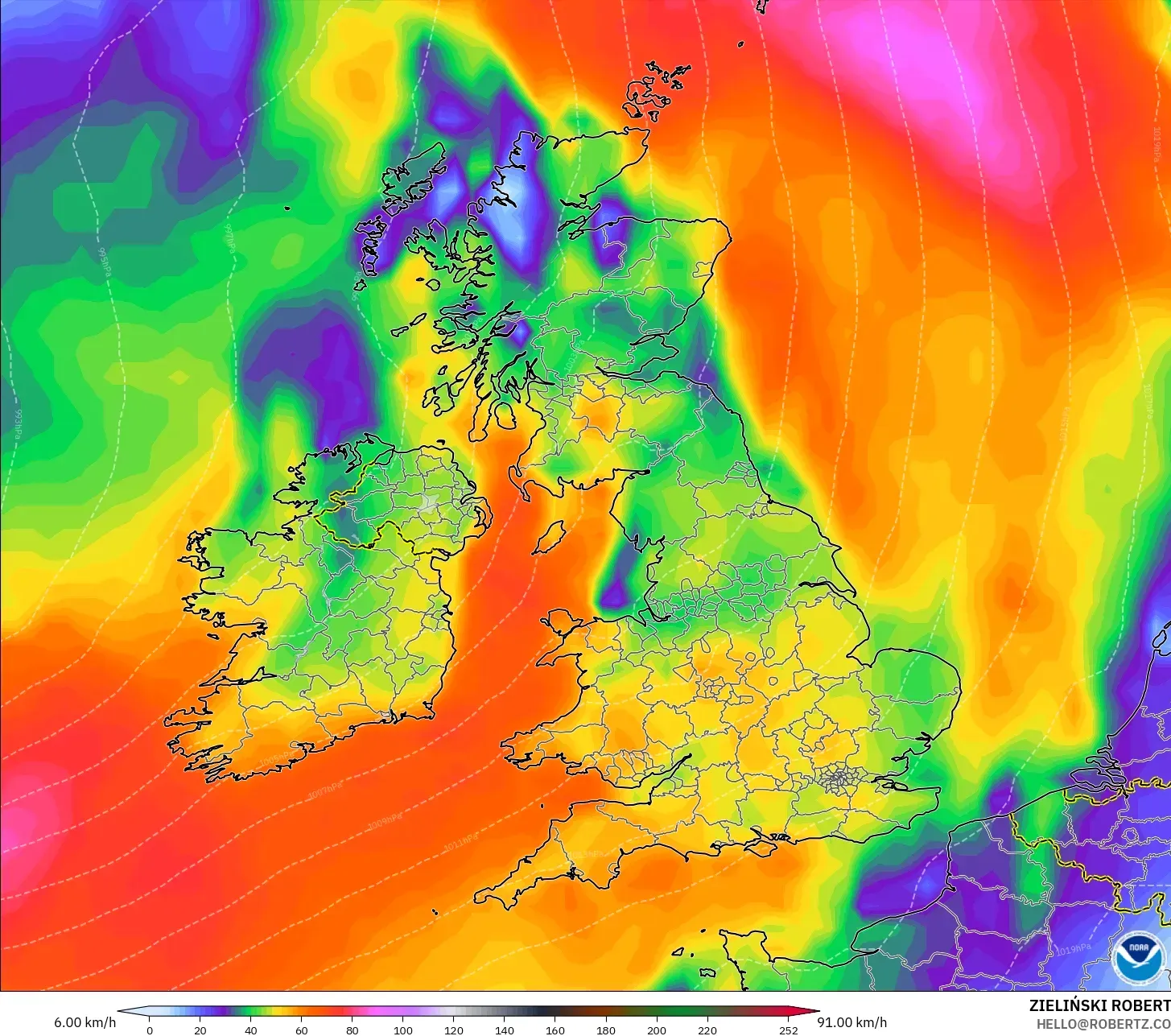 GFS نموذج - المملكة المتحدة, هبات الرياح