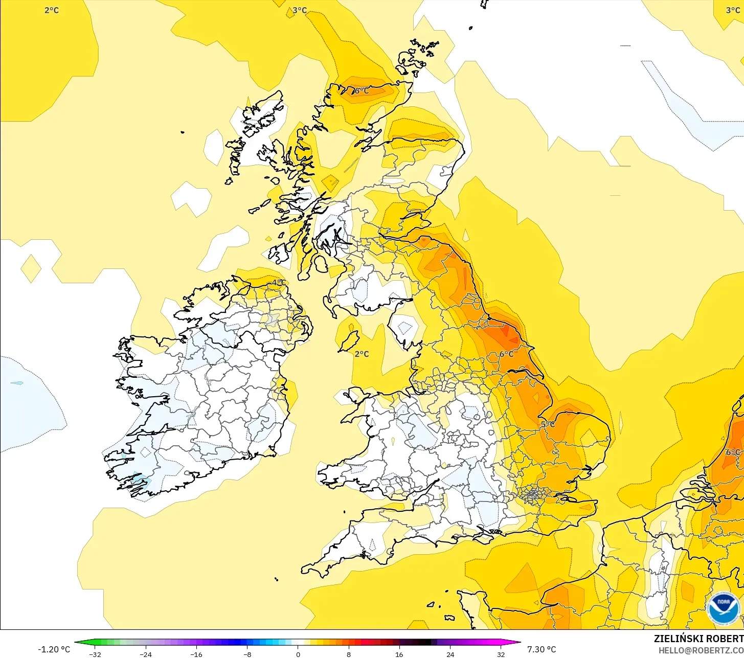 GFS نموذج - المملكة المتحدة, انحراف درجة الحرارة 2 م