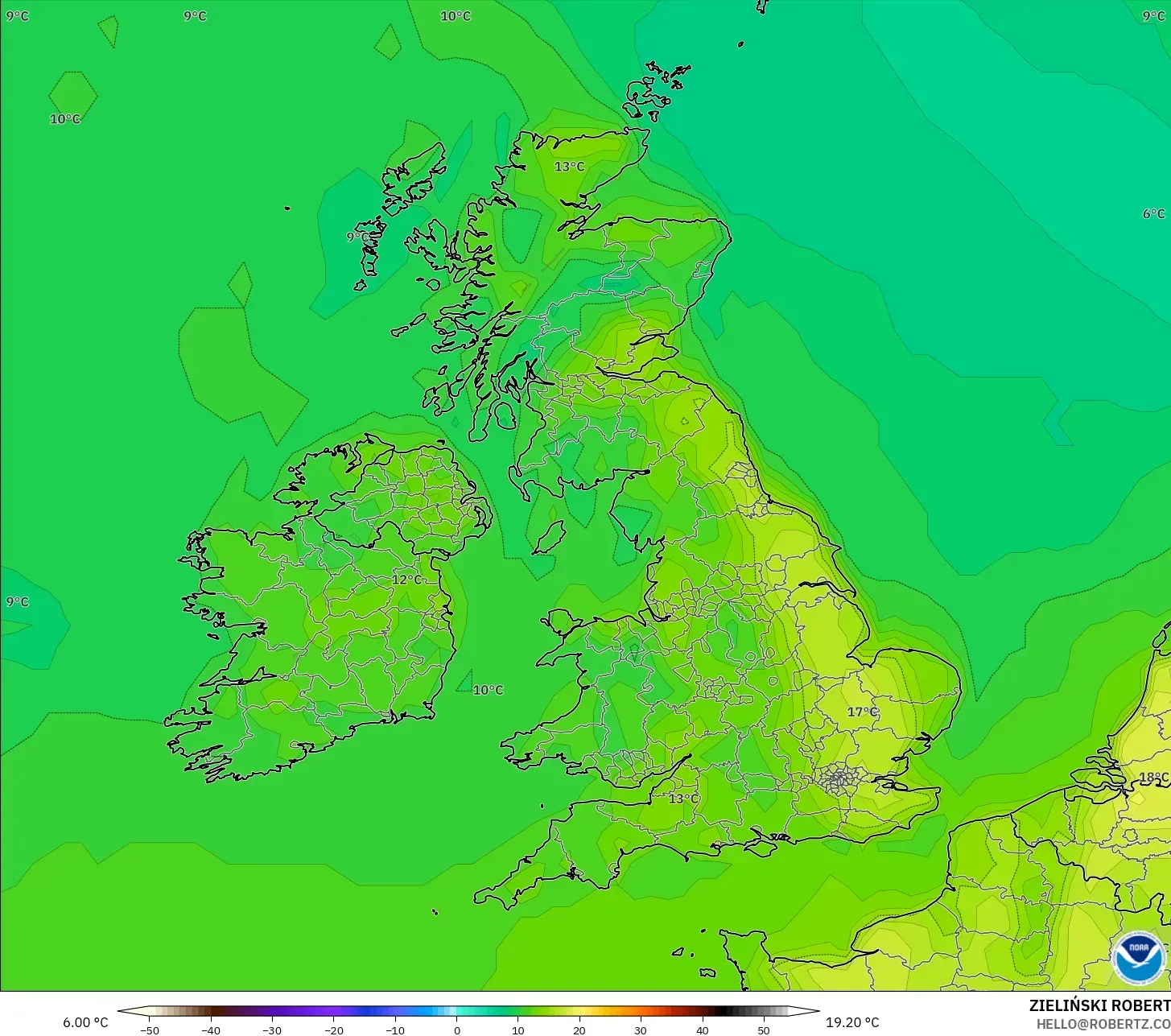GFS نموذج - المملكة المتحدة, درجة الحرارة على ارتفاع 2 م