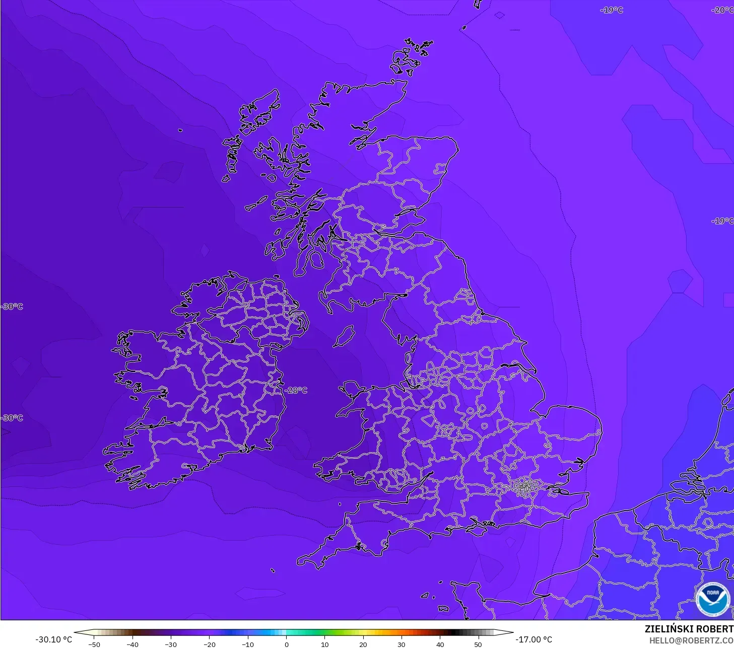 GFS نموذج - المملكة المتحدة, درجة الحرارة 500 hPa