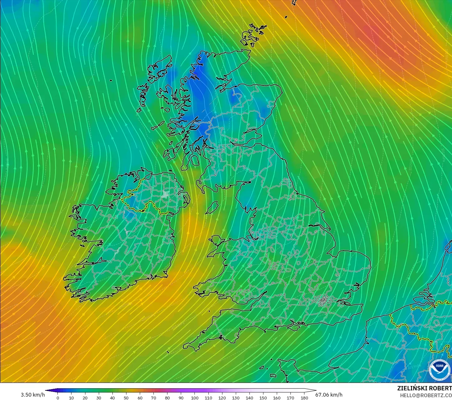 GFS نموذج - المملكة المتحدة, رياح 10 م