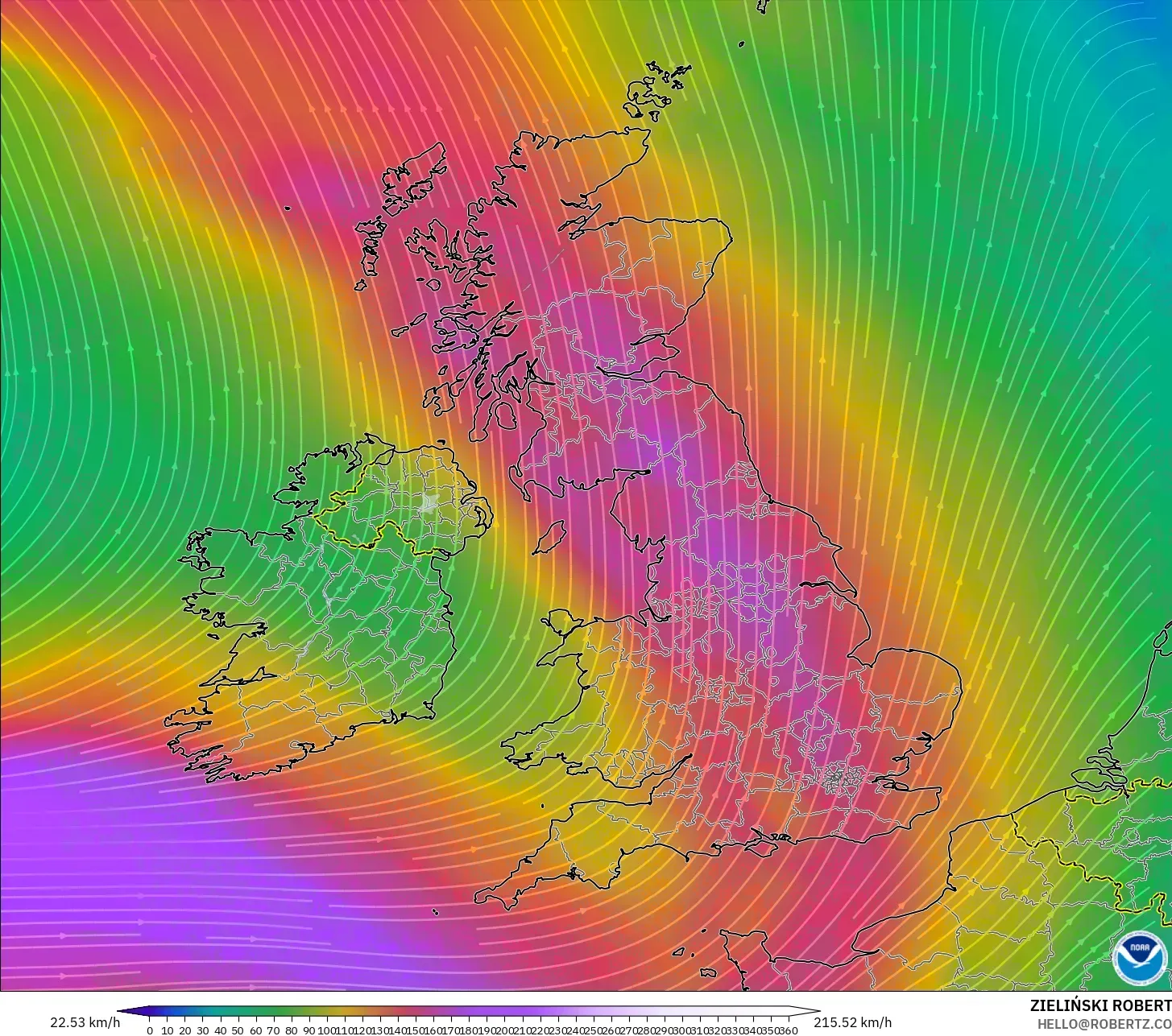 GFS نموذج - المملكة المتحدة, رياح 300 hPa (تيار نفاث)