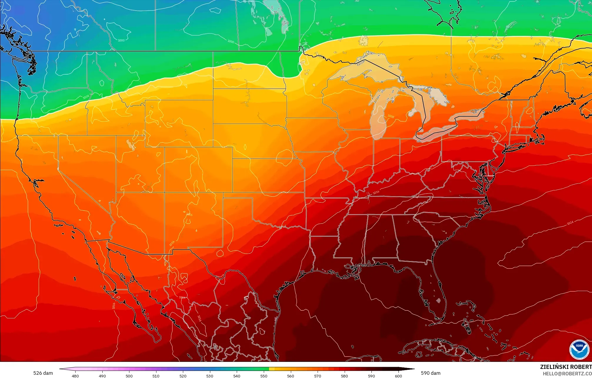 GFS model - United States, Geopotential height at 500hPa