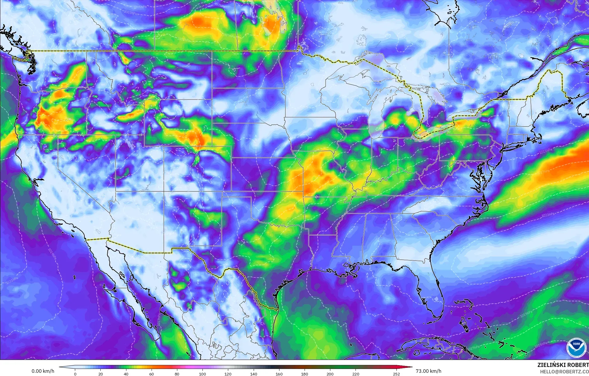 GFS نموذج - الولايات المتحدة, أقصى هبة