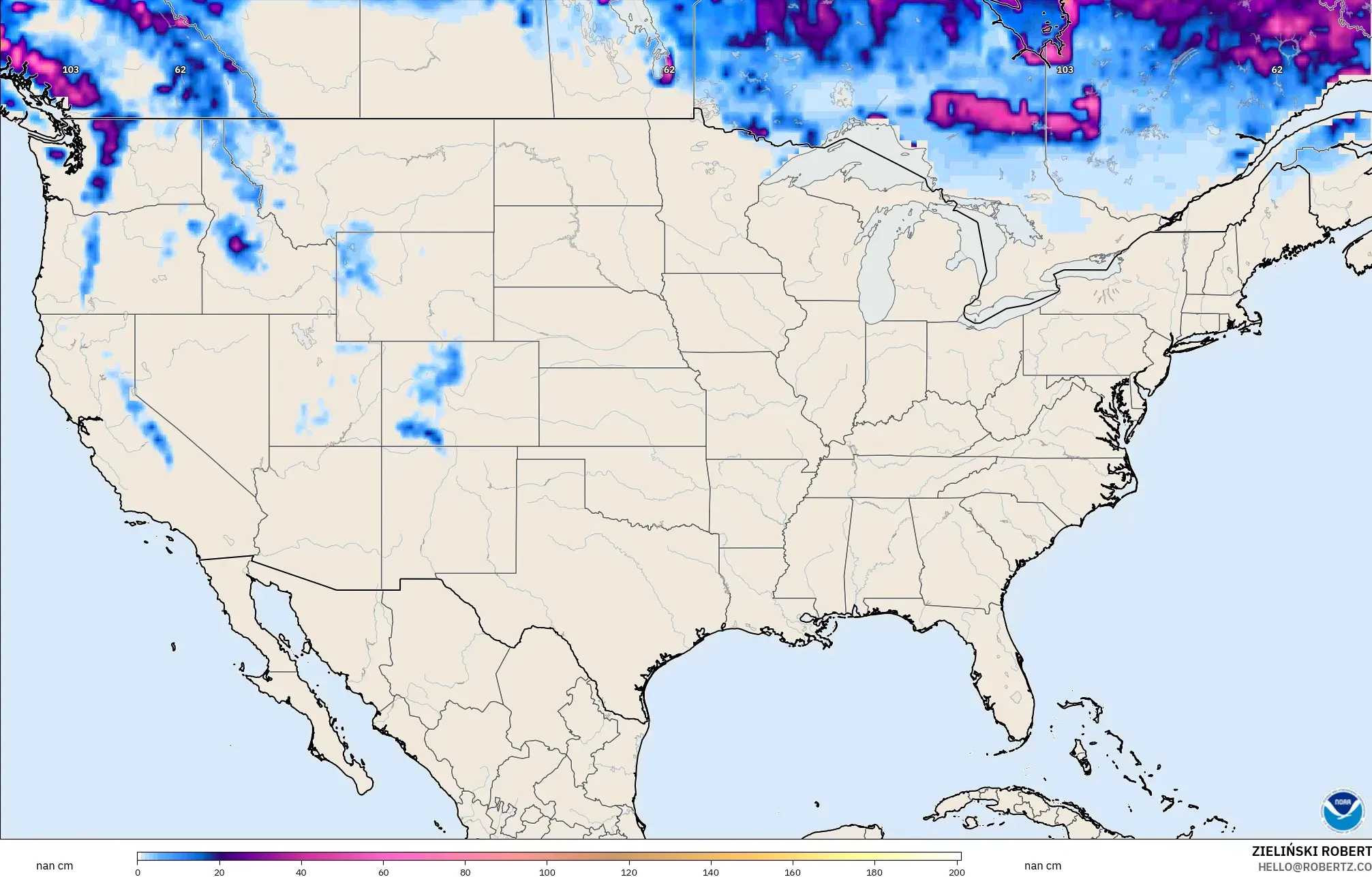 GFS نموذج - الولايات المتحدة, عمق الثلج