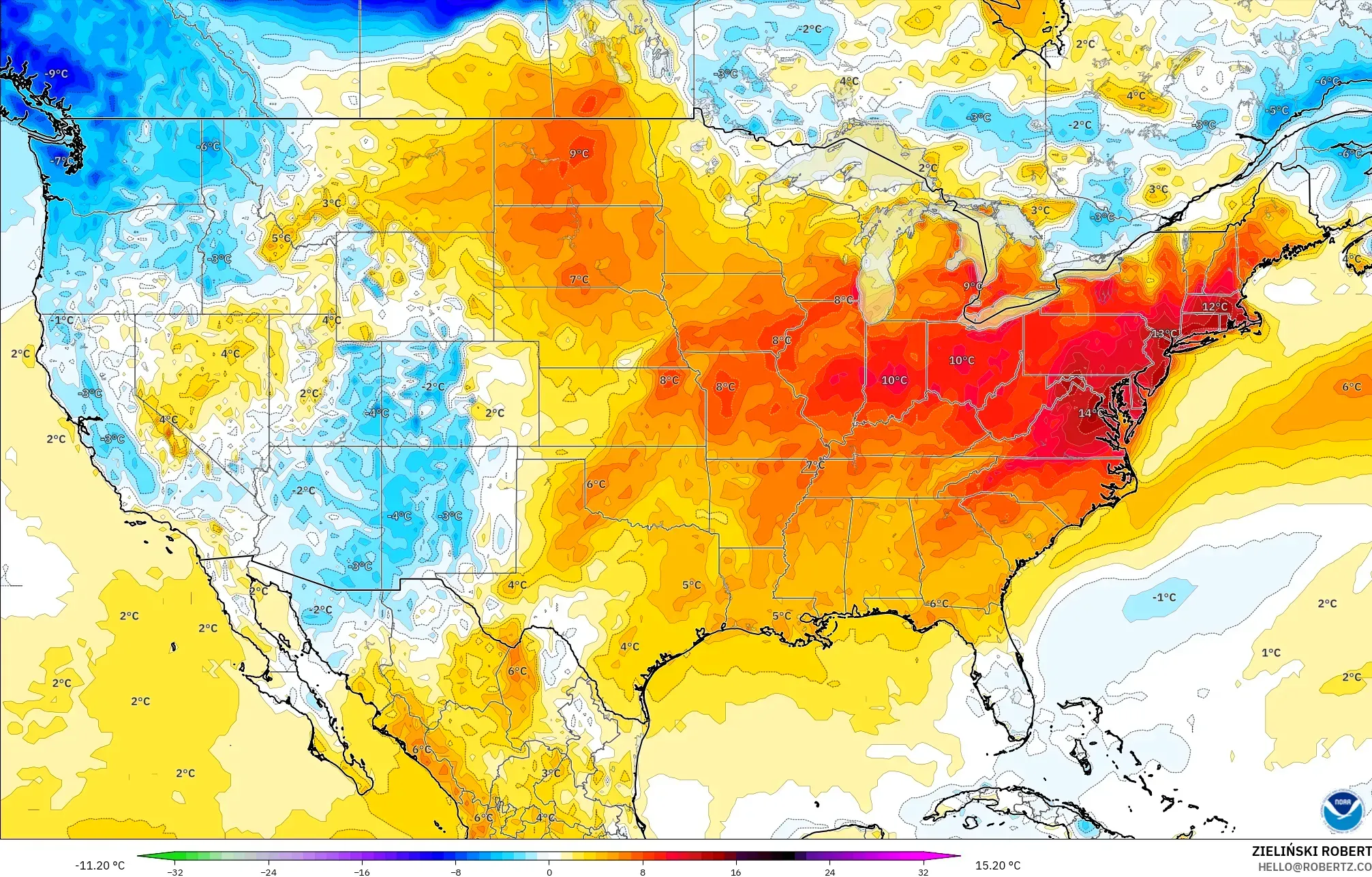 GFS نموذج - الولايات المتحدة, انحراف درجة الحرارة 2 م