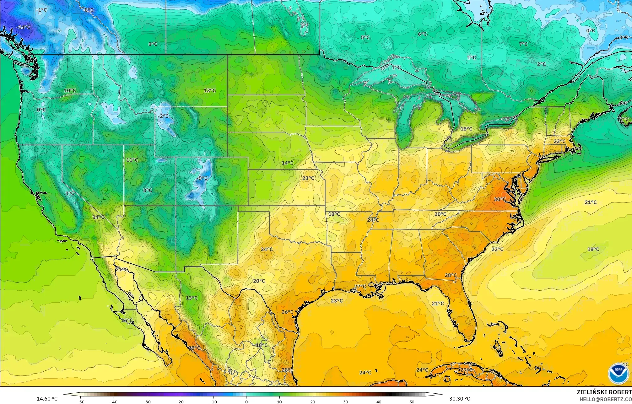 GFS نموذج - الولايات المتحدة, درجة الحرارة على ارتفاع 2 م