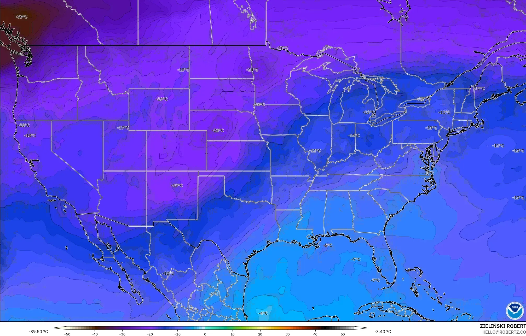 GFS نموذج - الولايات المتحدة, درجة الحرارة 500 hPa