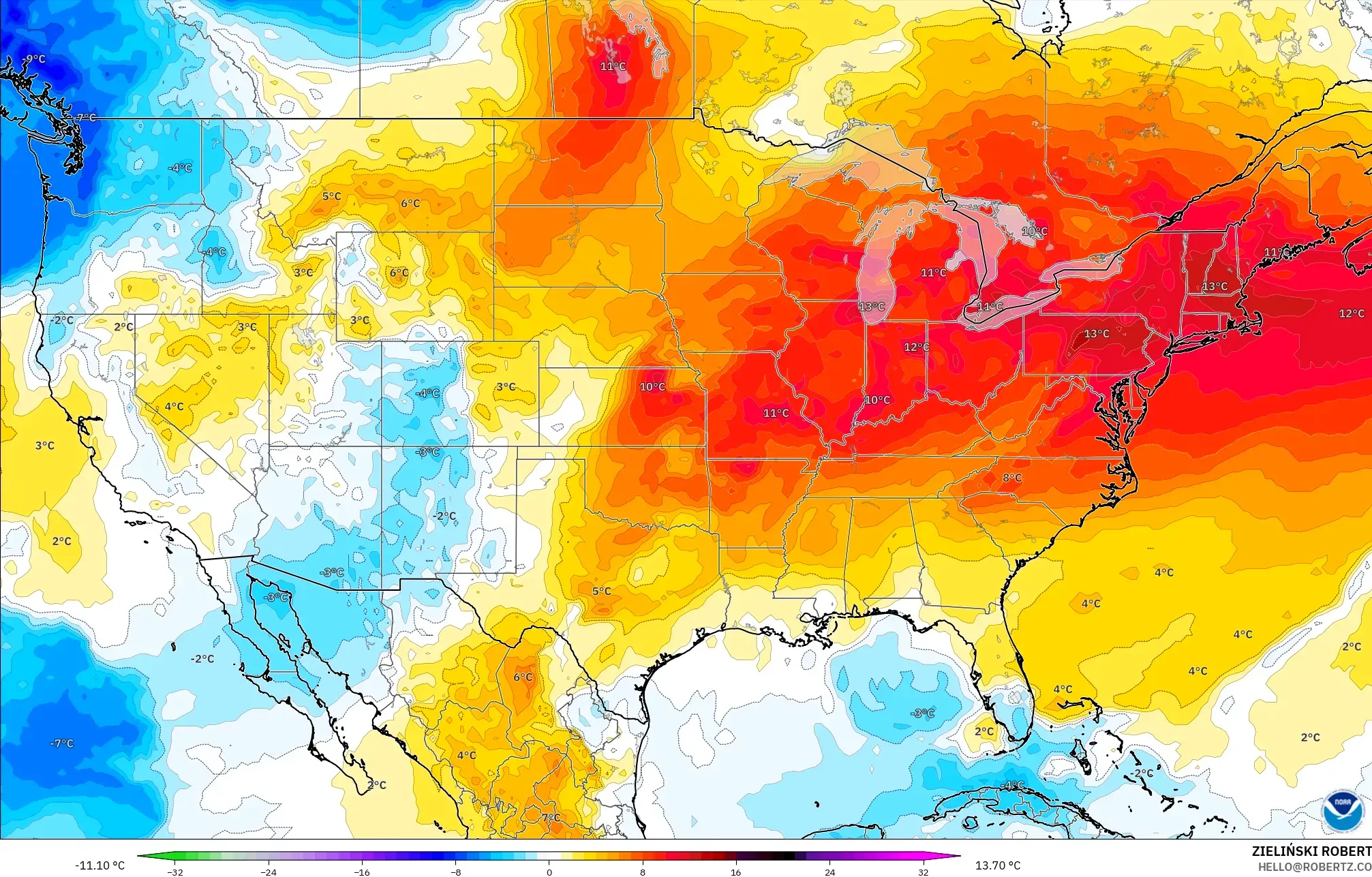 GFS نموذج - الولايات المتحدة, انحراف درجة الحرارة 850 hPa
