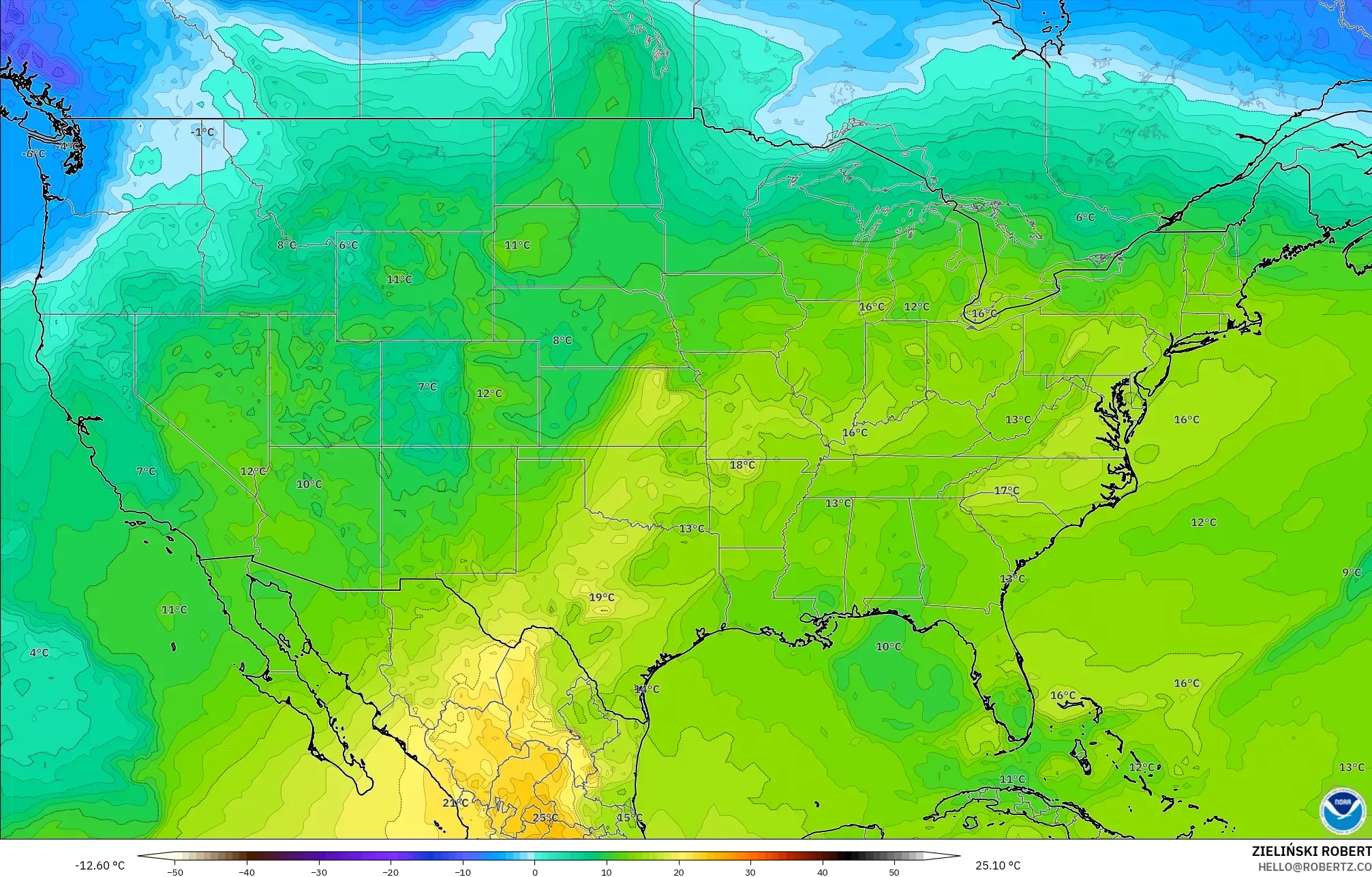 GFS نموذج - الولايات المتحدة, درجة الحرارة 850 hPa