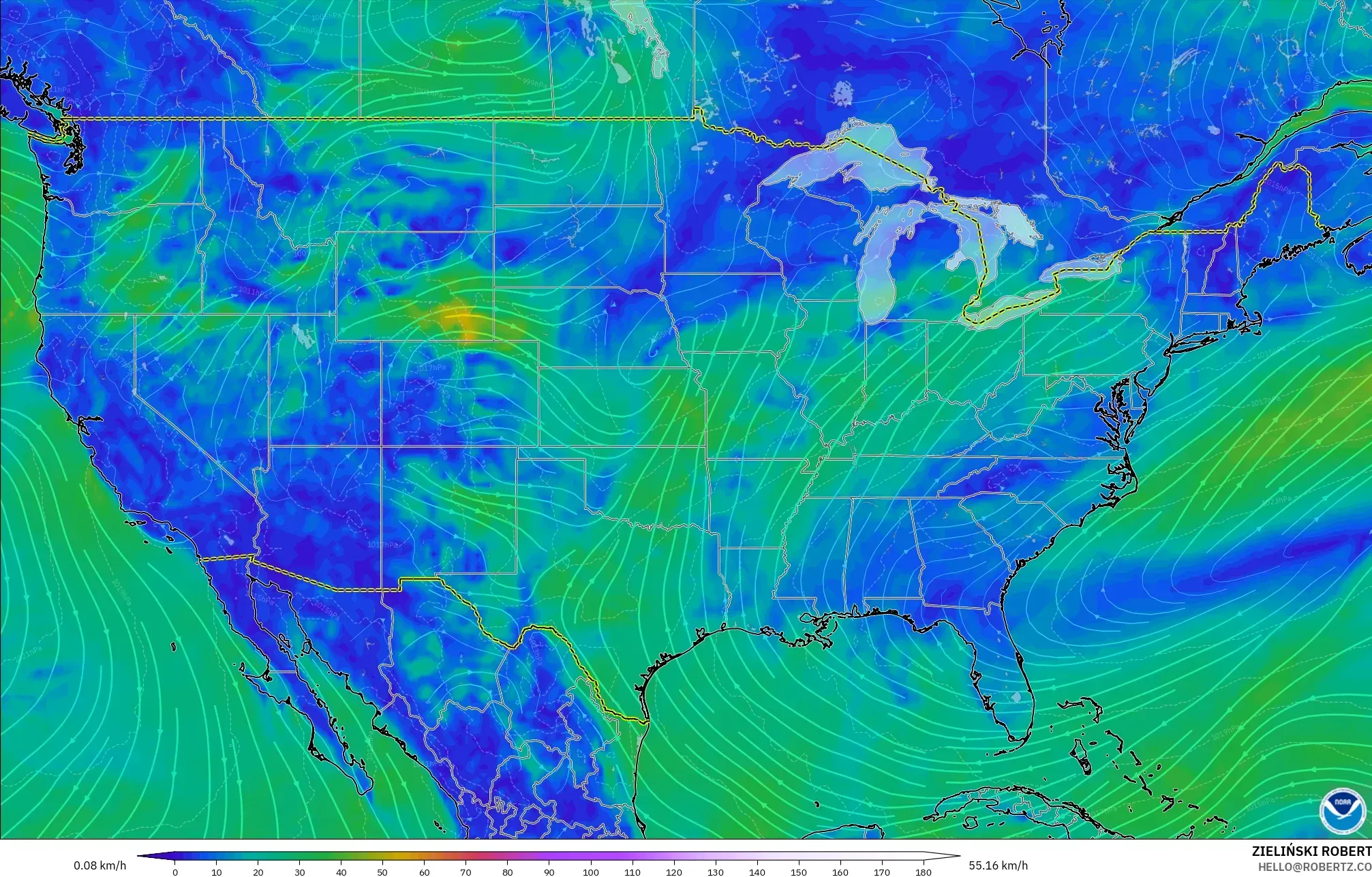 GFS نموذج - الولايات المتحدة, رياح 10 م