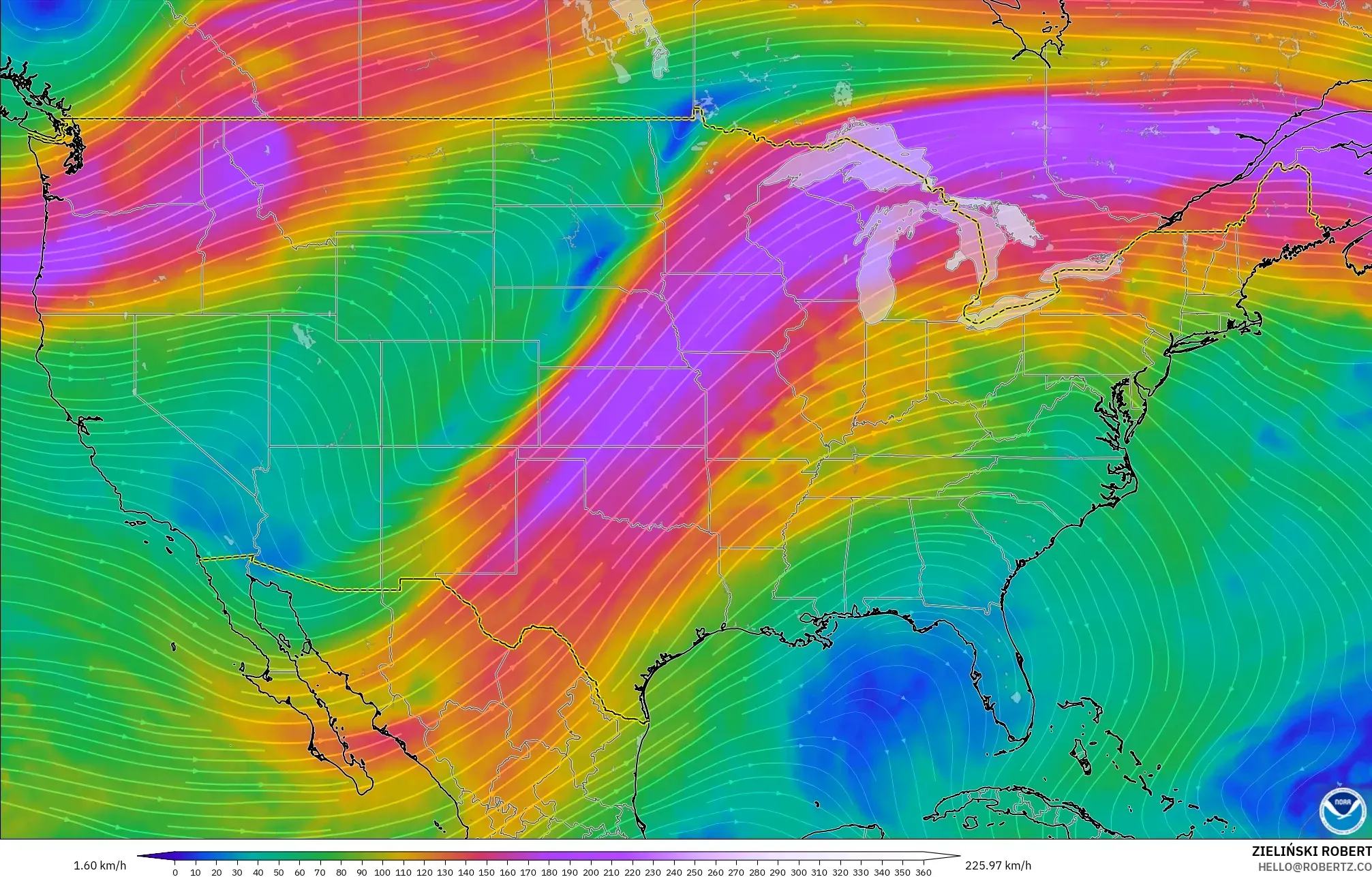 GFS نموذج - الولايات المتحدة, رياح 300 hPa (تيار نفاث)