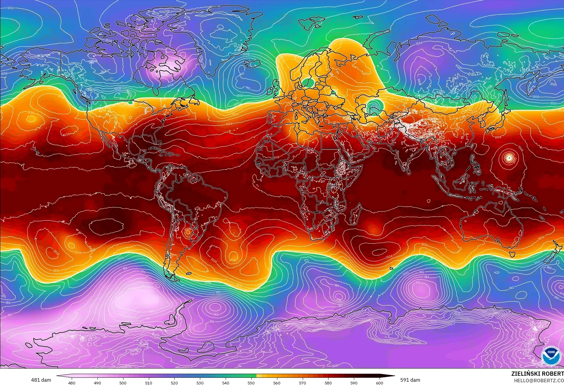GFS نموذج - العالم, الارتفاع الجهدي عند 500 هكتوباسكال