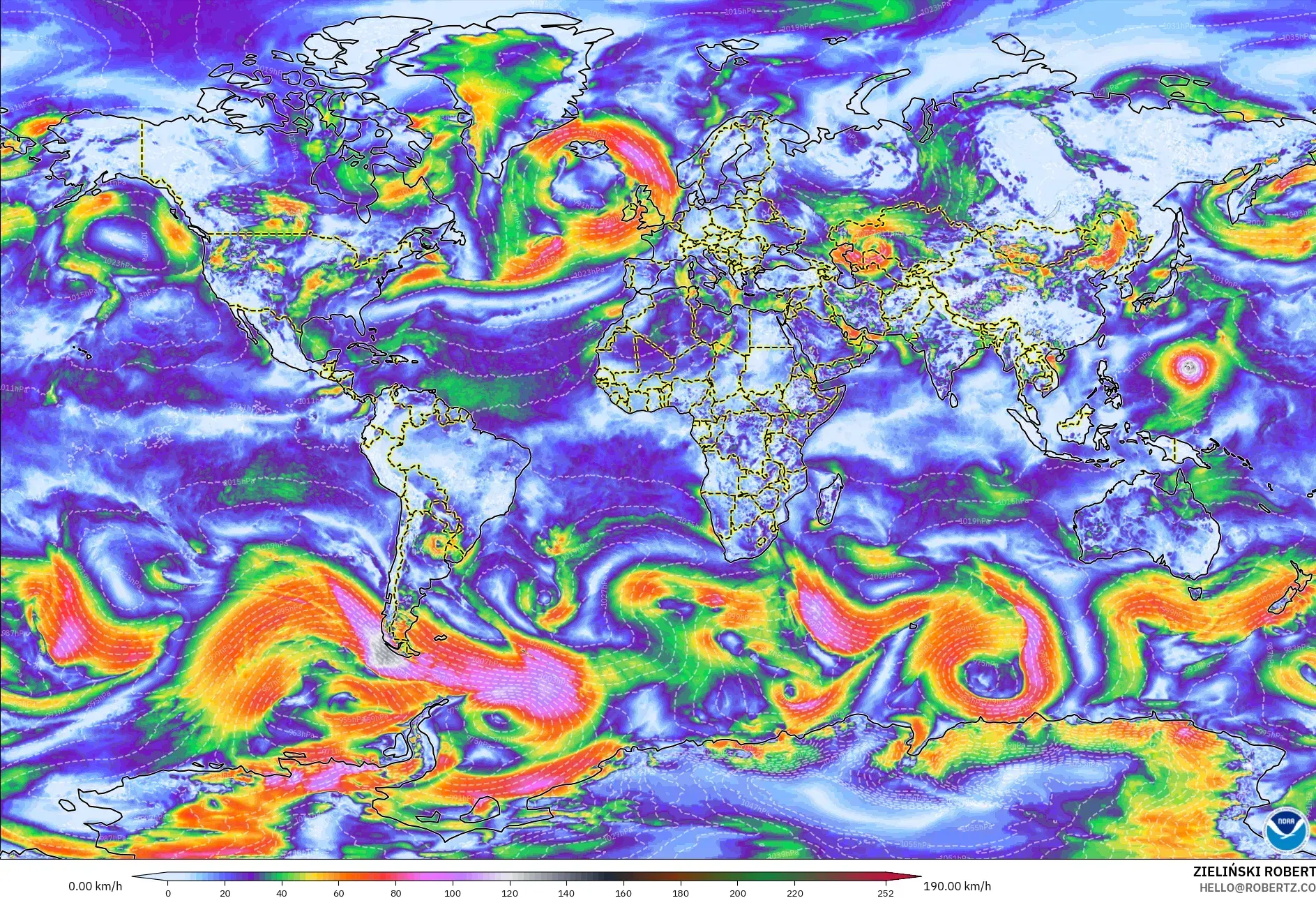 GFS نموذج - العالم, هبات الرياح