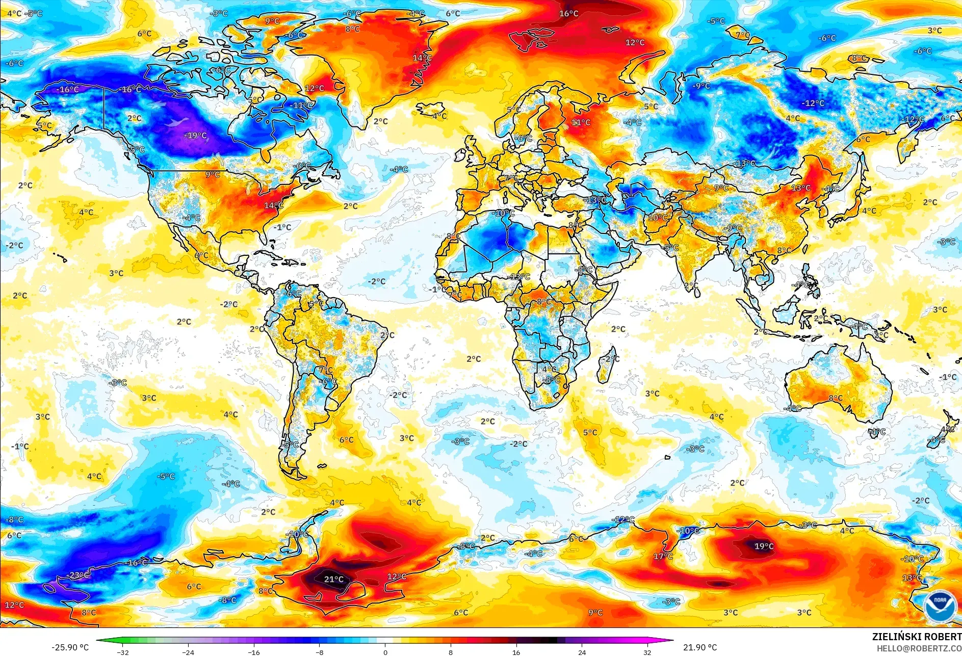 GFS نموذج - العالم, انحراف درجة الحرارة 2 م