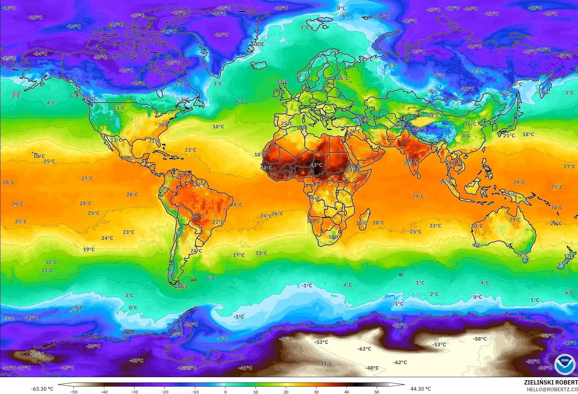 GFS نموذج - العالم, درجة الحرارة على ارتفاع 2 م