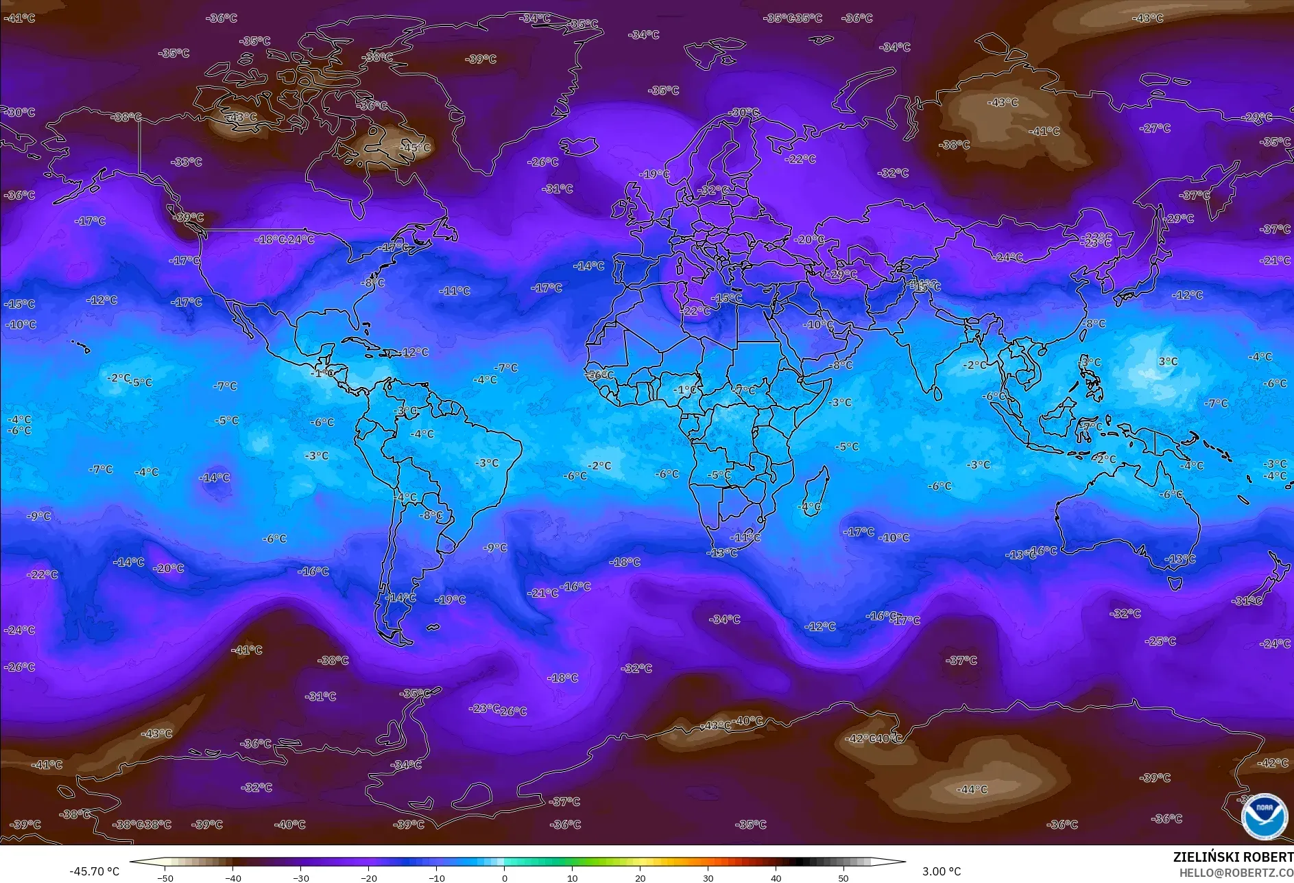 GFS نموذج - العالم, درجة الحرارة 500 hPa