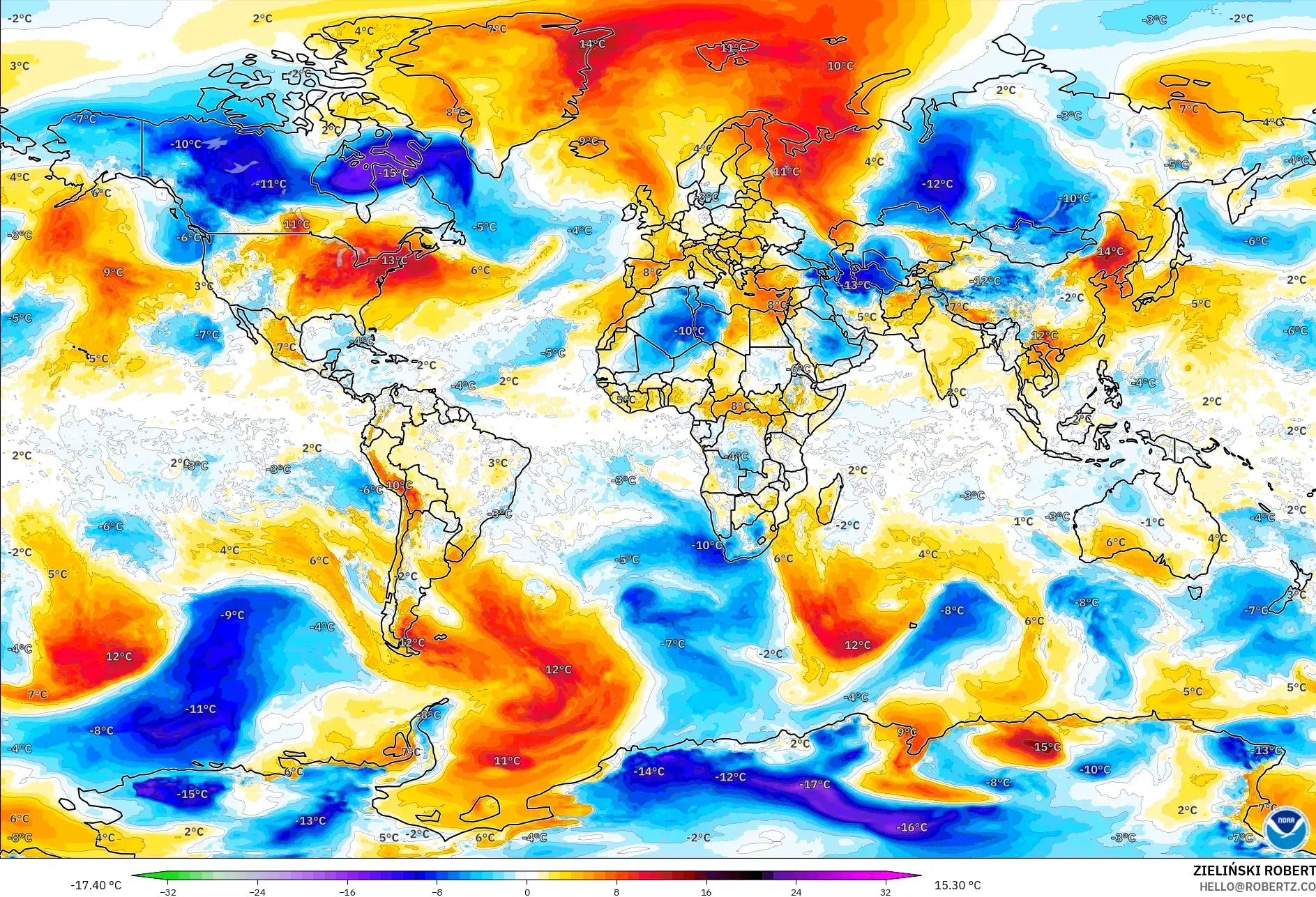 GFS نموذج - العالم, انحراف درجة الحرارة 850 hPa