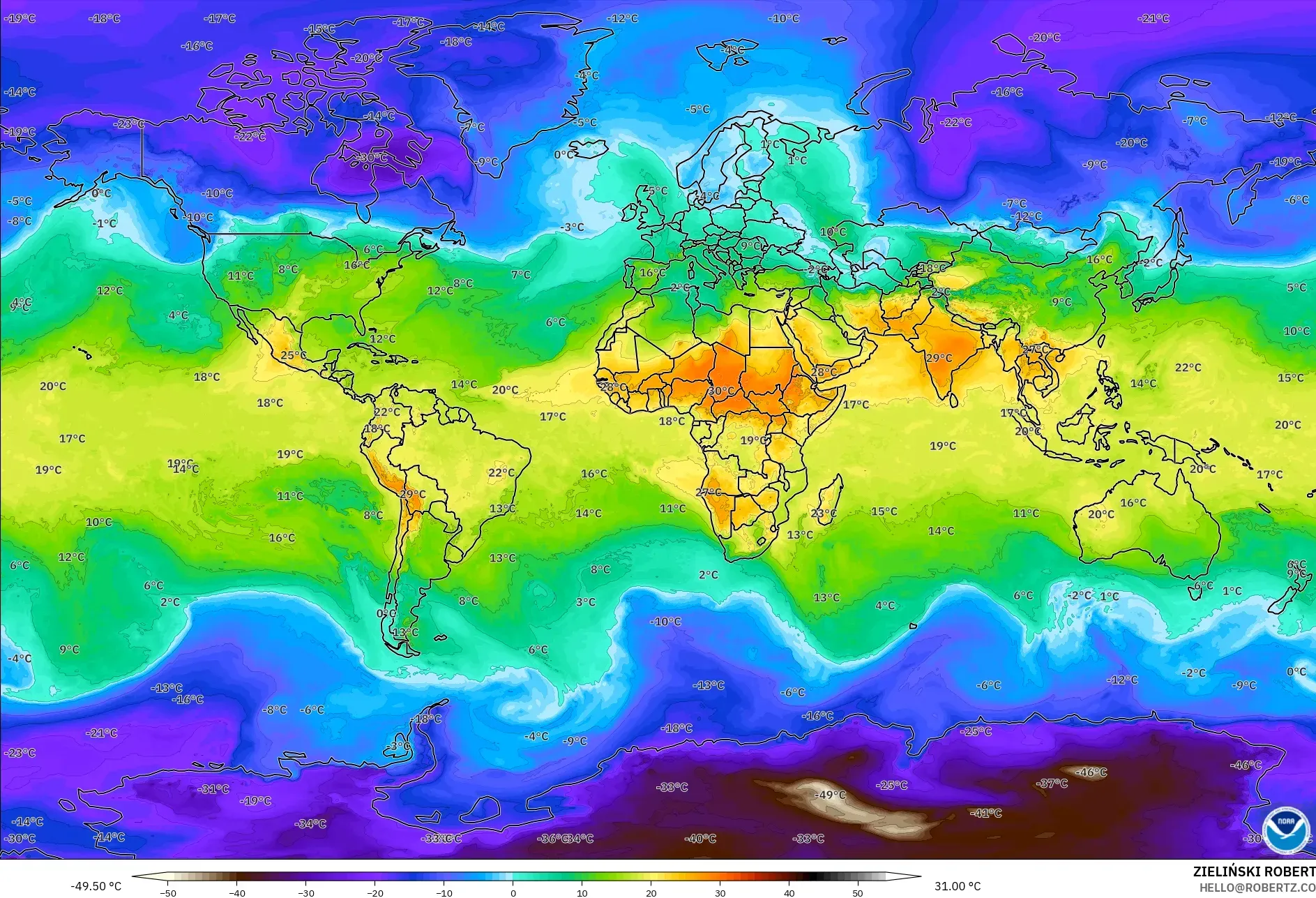 GFS نموذج - العالم, درجة الحرارة 850 hPa