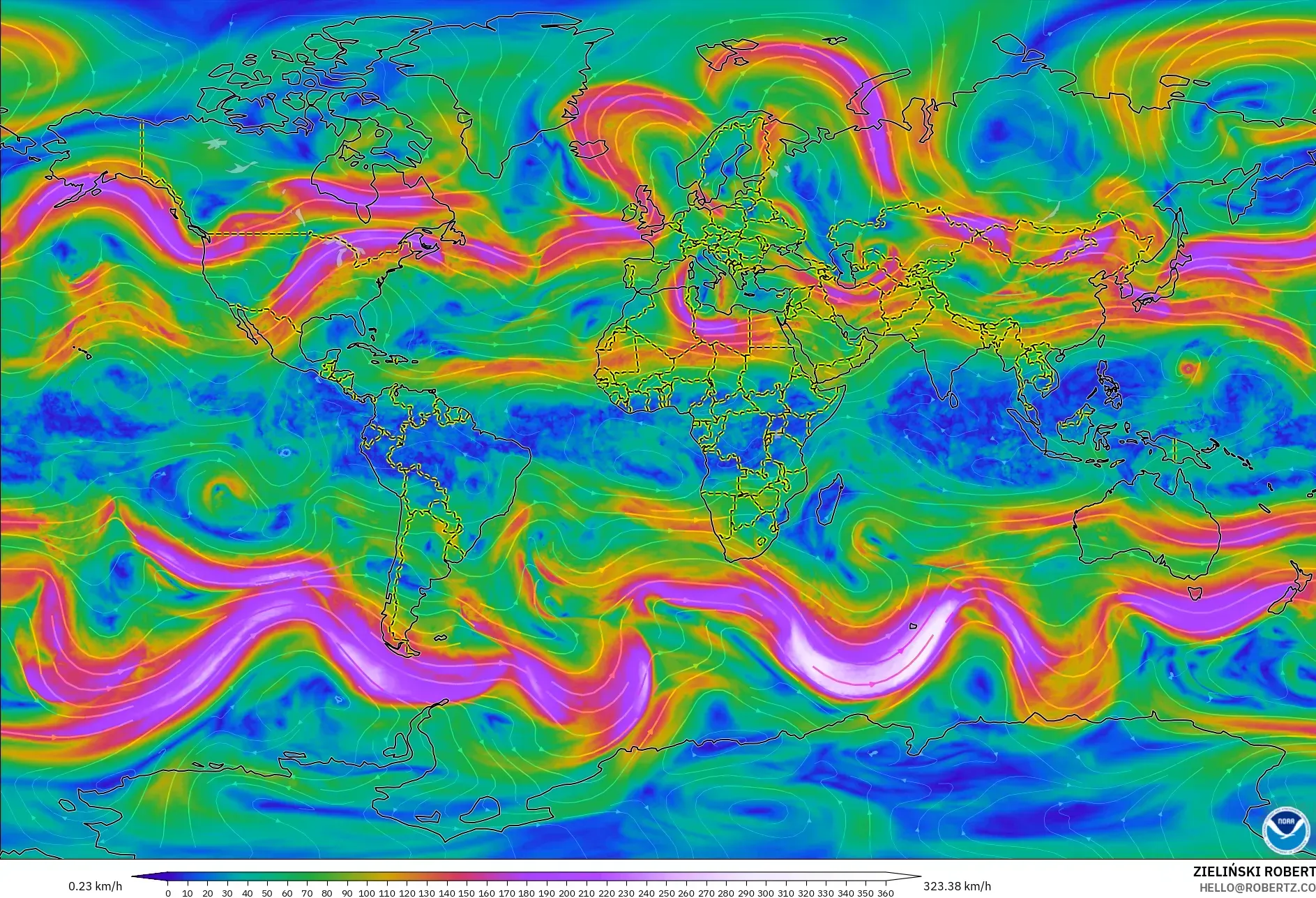 GFS نموذج - العالم, رياح 300 hPa (تيار نفاث)