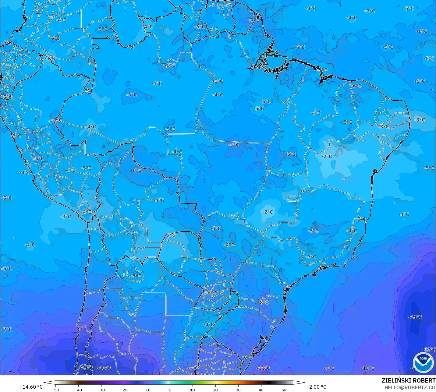 GFS model - Brazil, Temperature at 500hPa