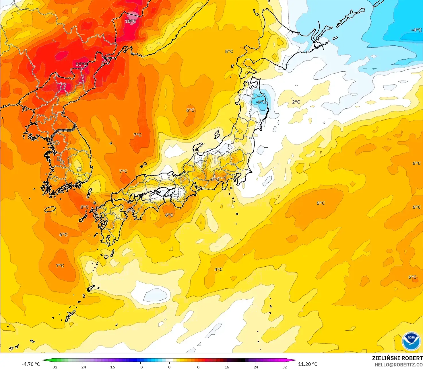 GFS model - Japan, Temperature at 850hPa Anomaly