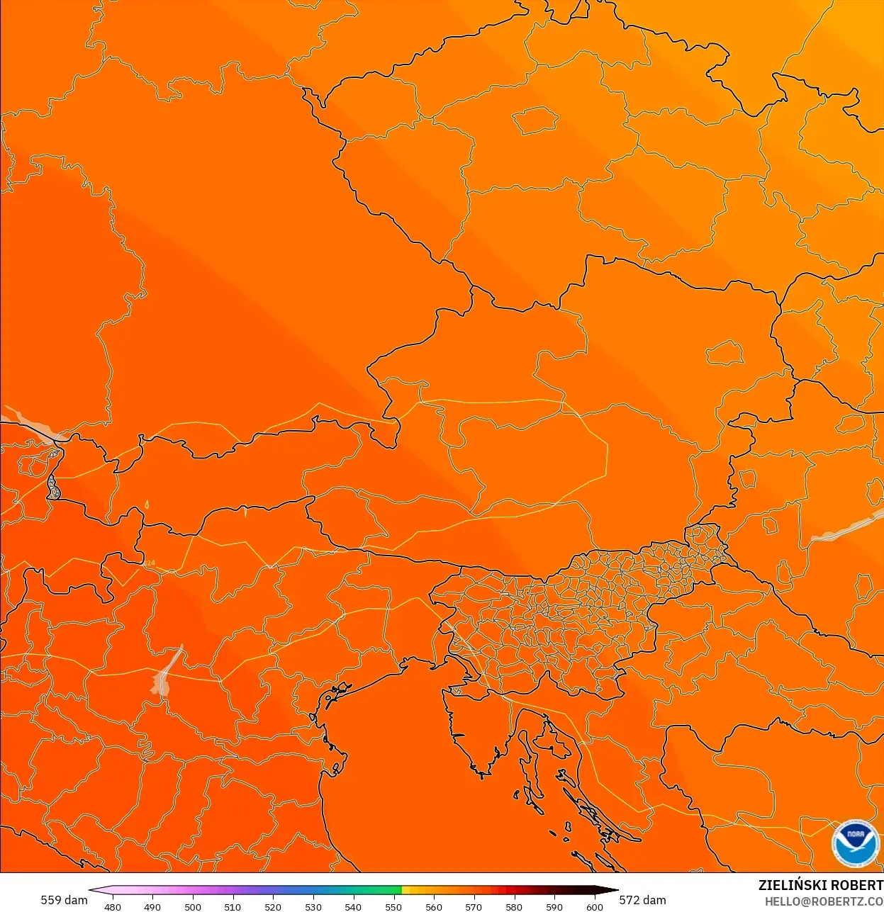 GFS model - Austria, Geopotential height at 500hPa