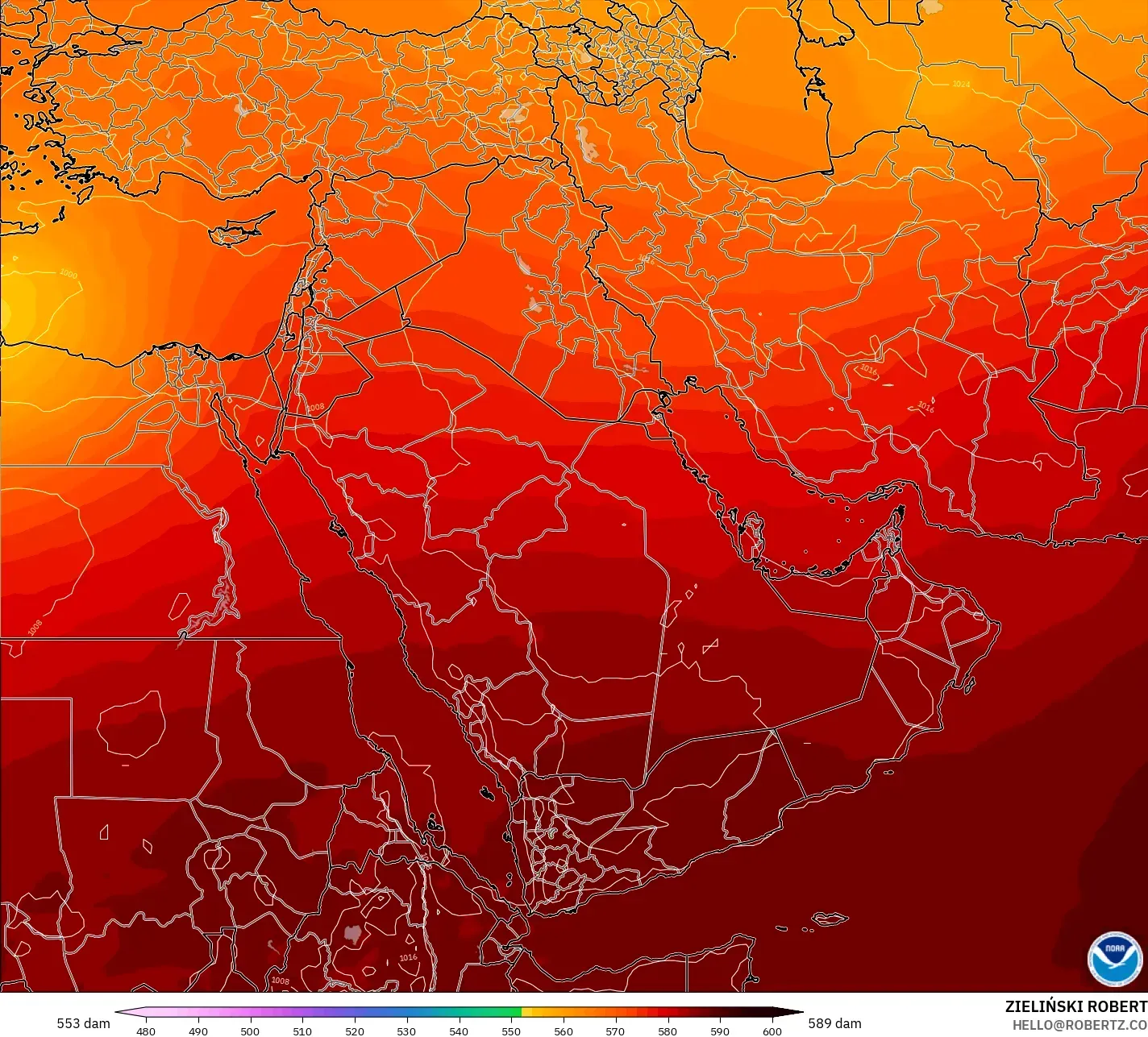 GFS model - Middle East, Geopotential height at 500hPa