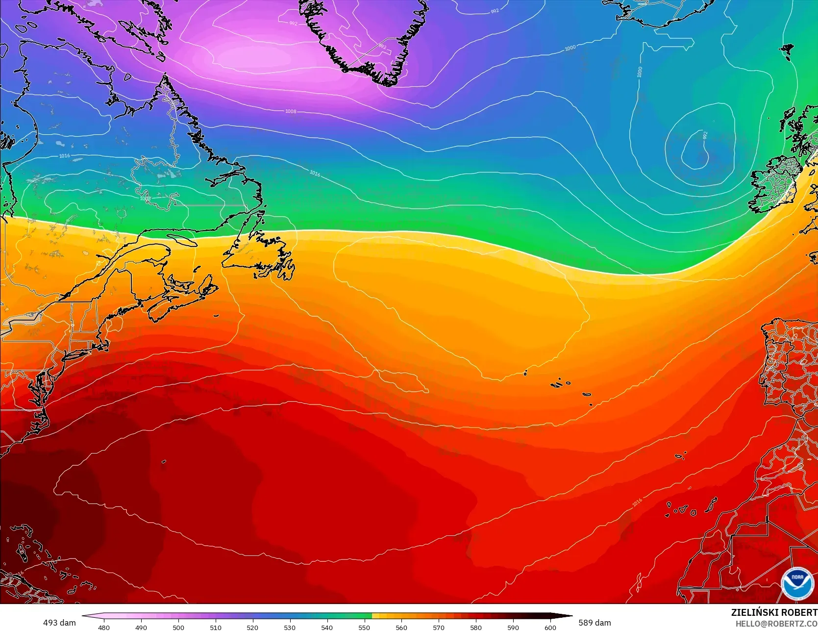 GFS model - North Atlantic, Geopotential height at 500hPa