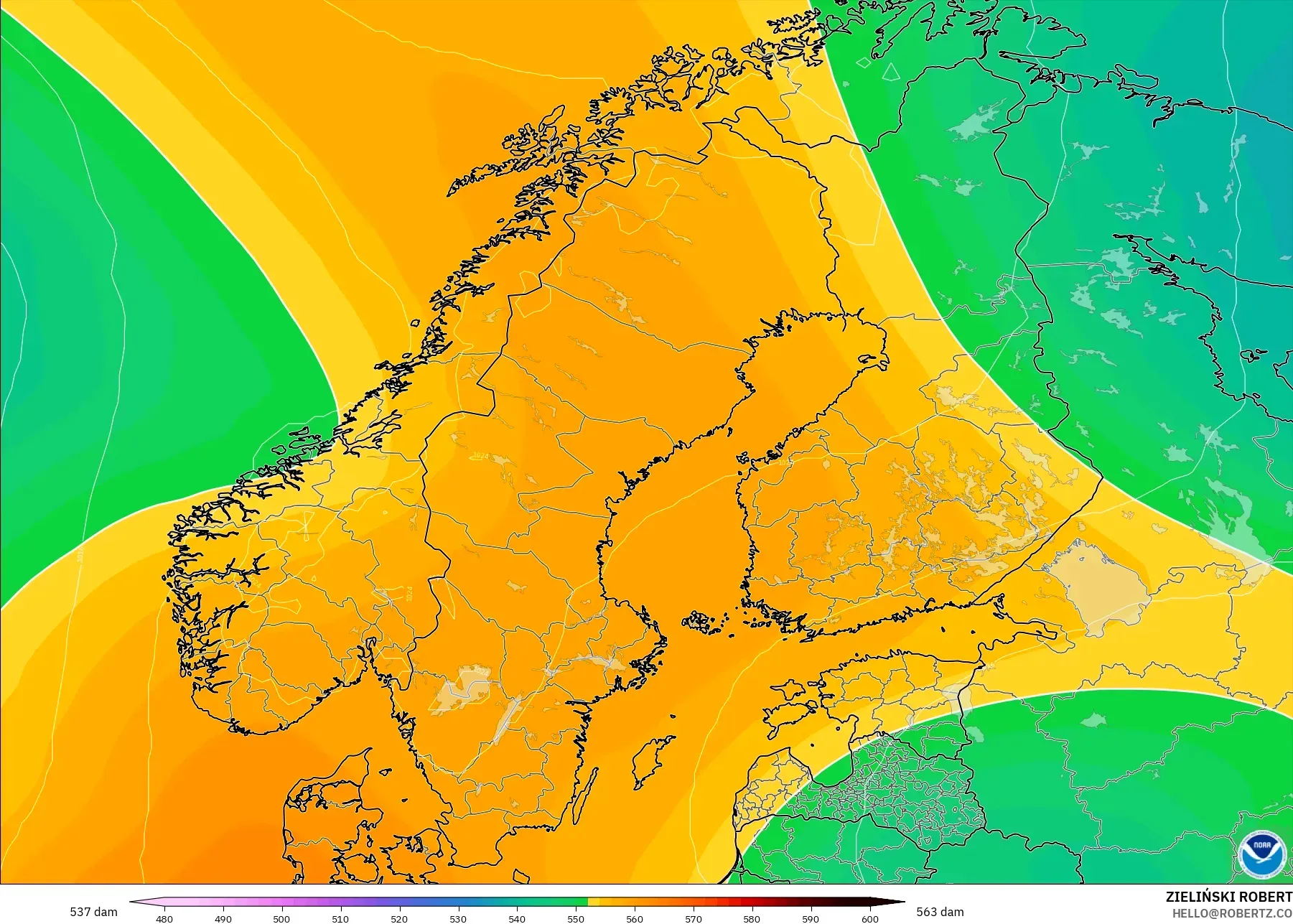GFS model - Scandinavia, Geopotential height at 500hPa